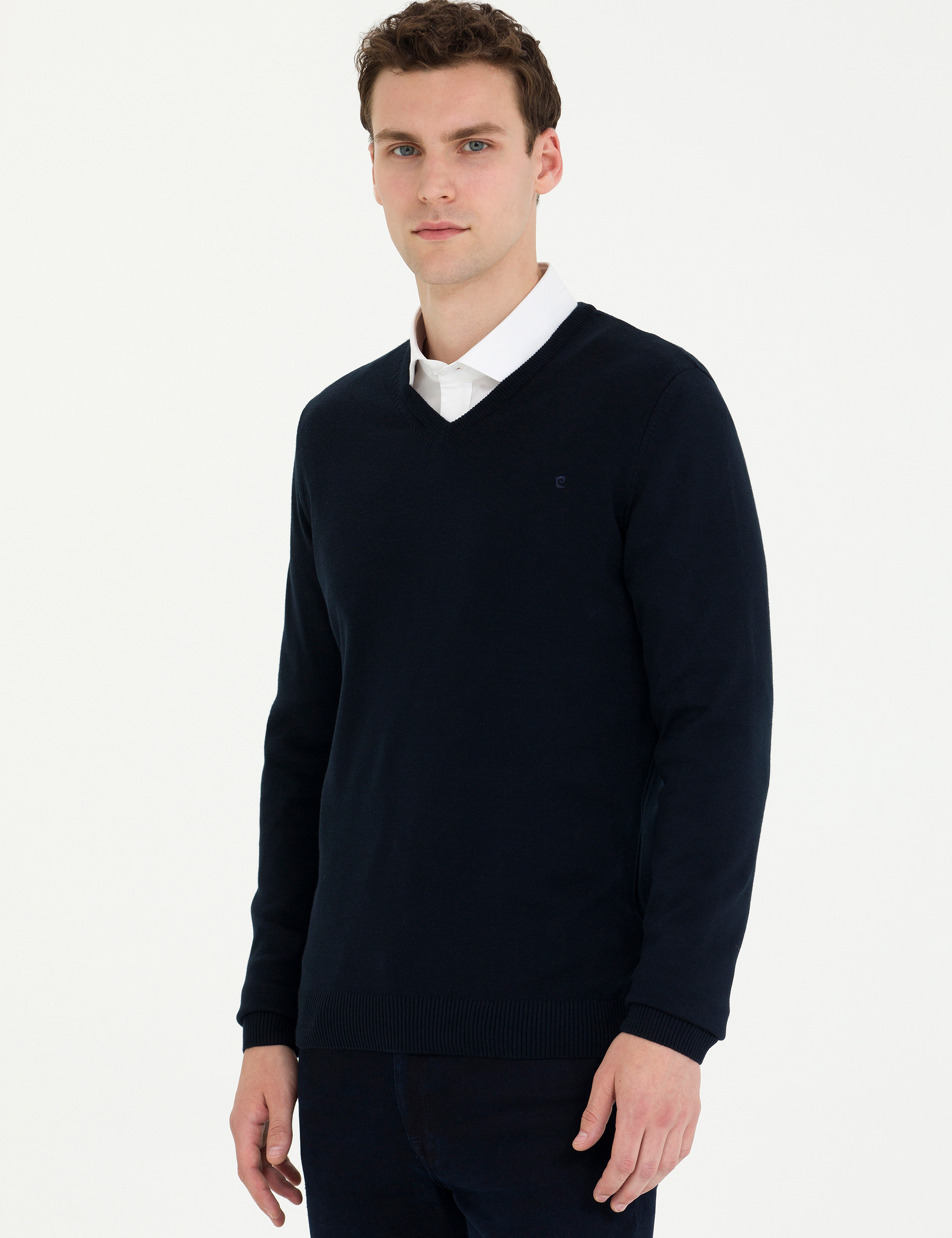 Lacivert Slim Fit V Yaka Basic Triko Kazak - Image 1