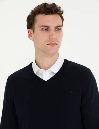 Lacivert Slim Fit V Yaka Basic Triko Kazak