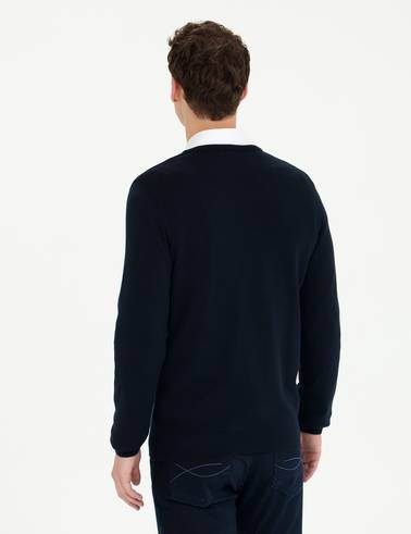 Lacivert Slim Fit V Yaka Basic Triko Kazak