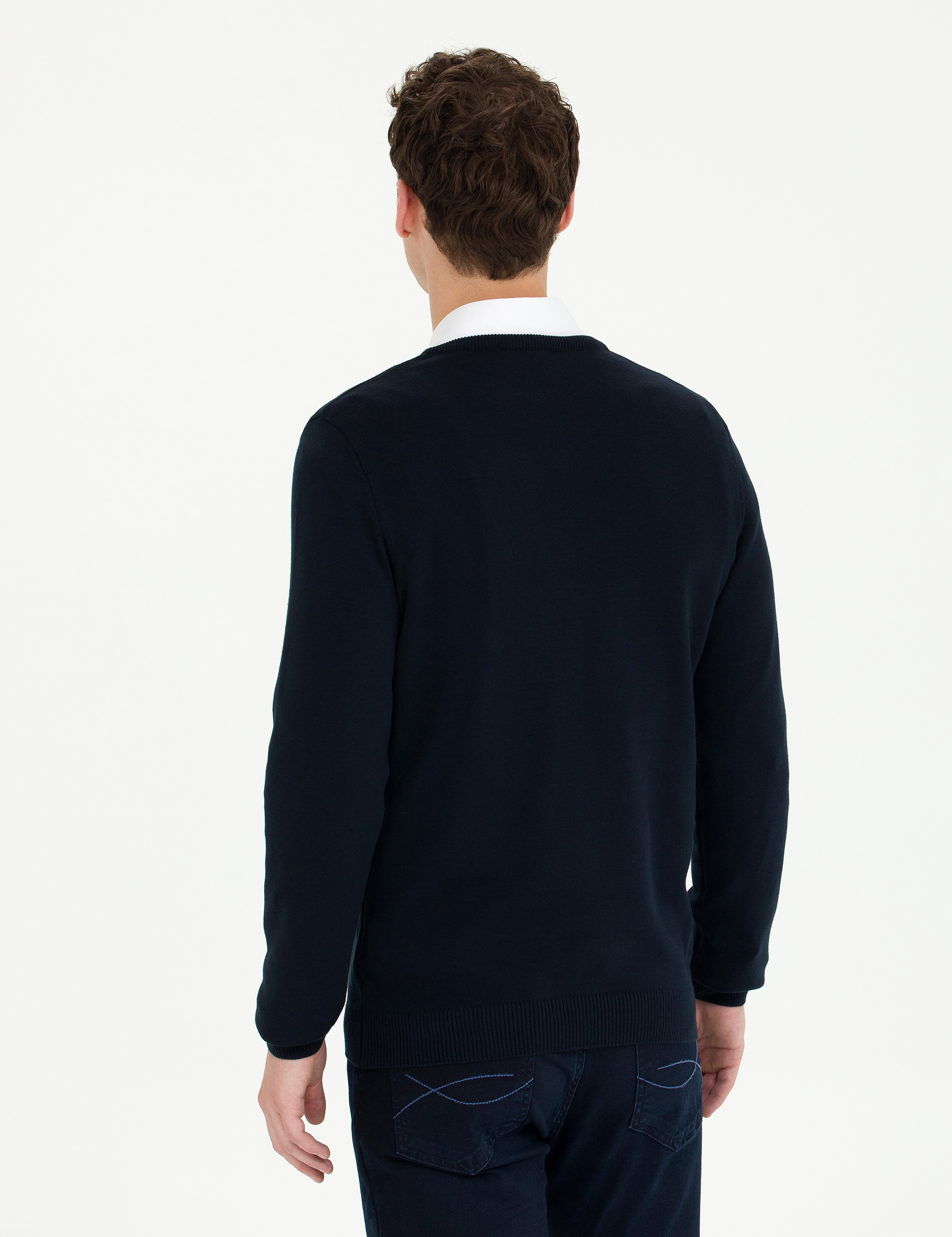 Lacivert Slim Fit V Yaka Basic Triko Kazak