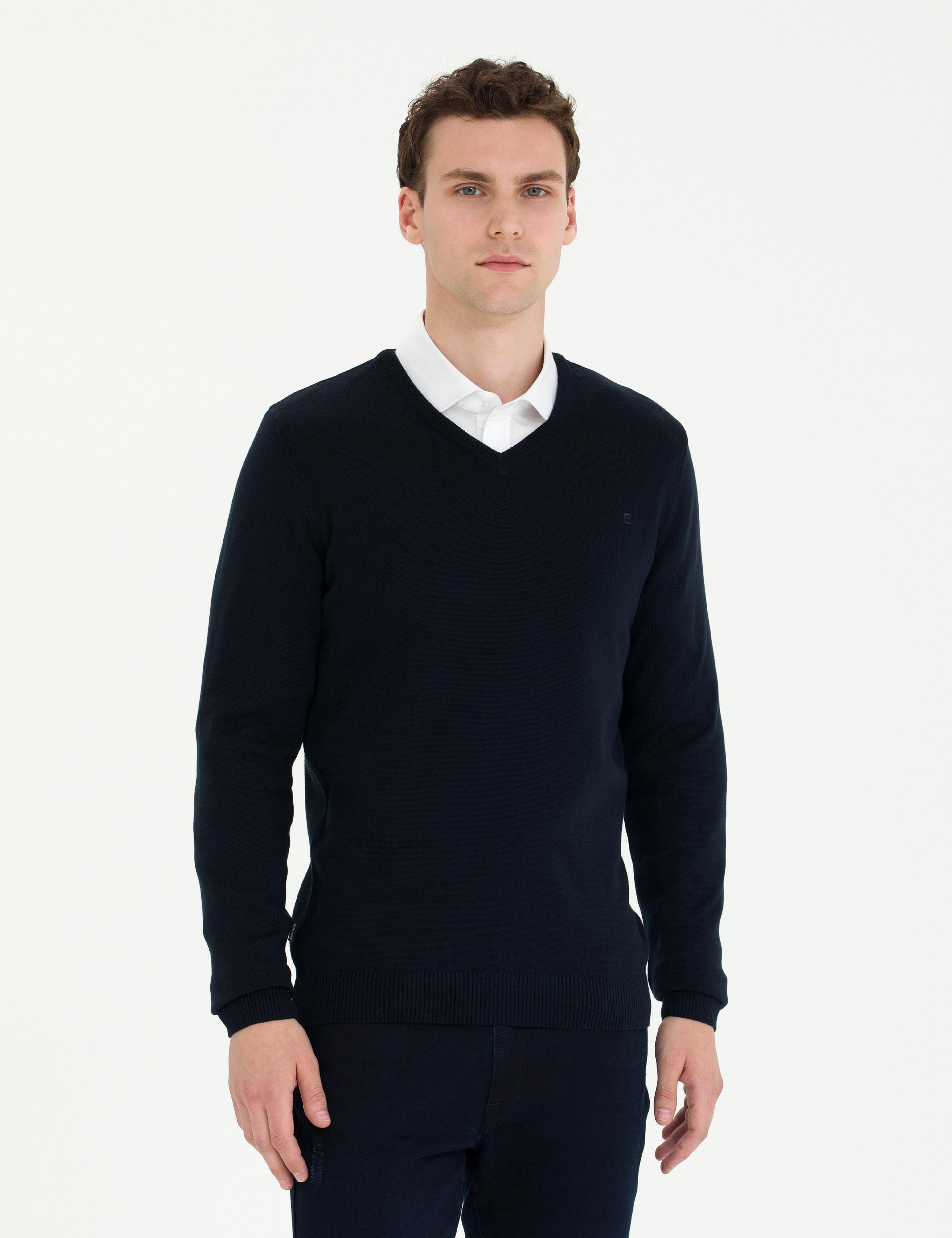 Lacivert Slim Fit V Yaka Basic Triko Kazak