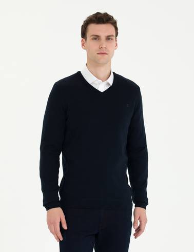 Lacivert Slim Fit V Yaka Basic Triko Kazak
