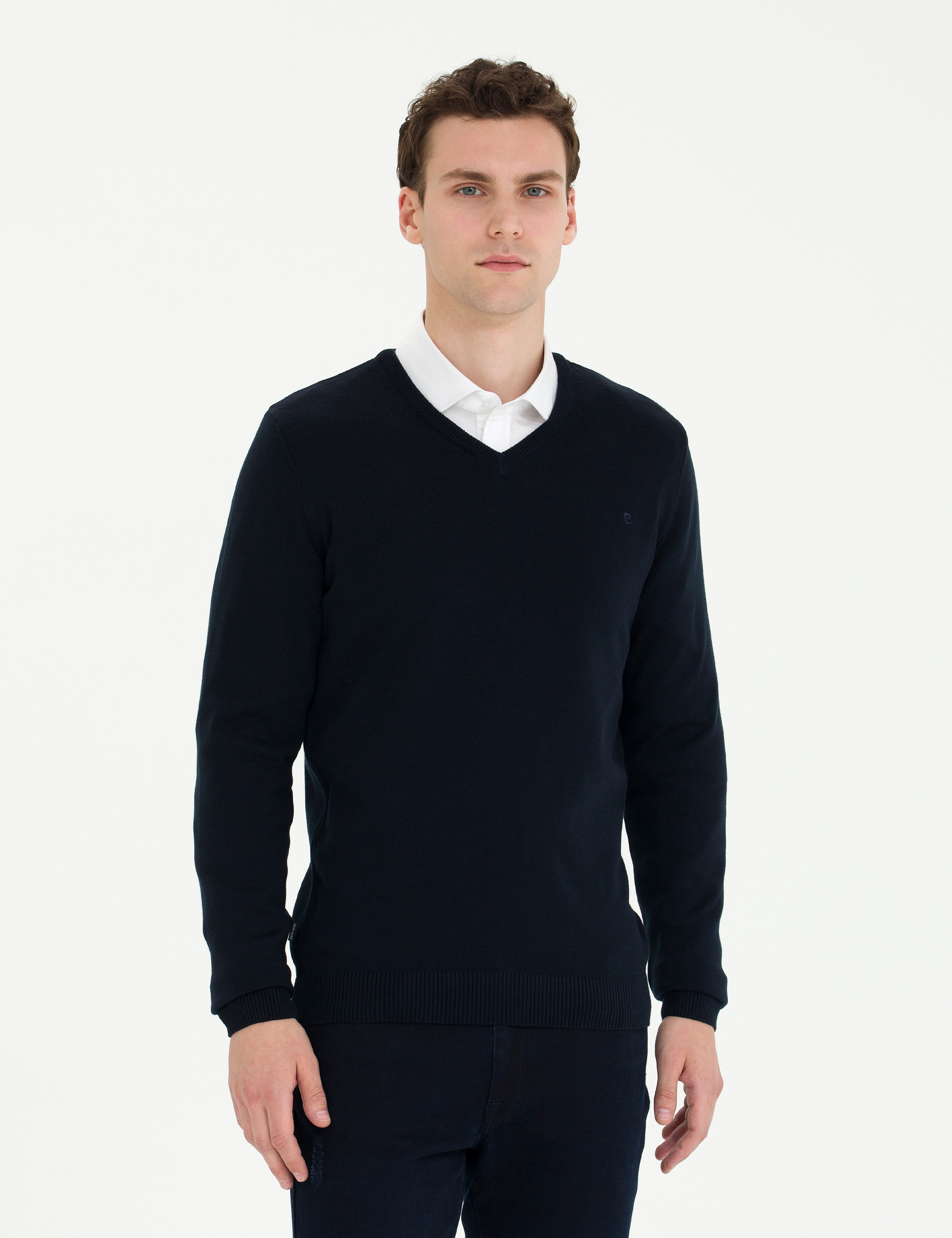 Lacivert Slim Fit V Yaka Basic Triko Kazak