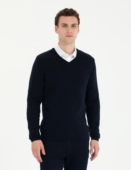 Lacivert Slim Fit V Yaka Basic Triko Kazak - 50276156016