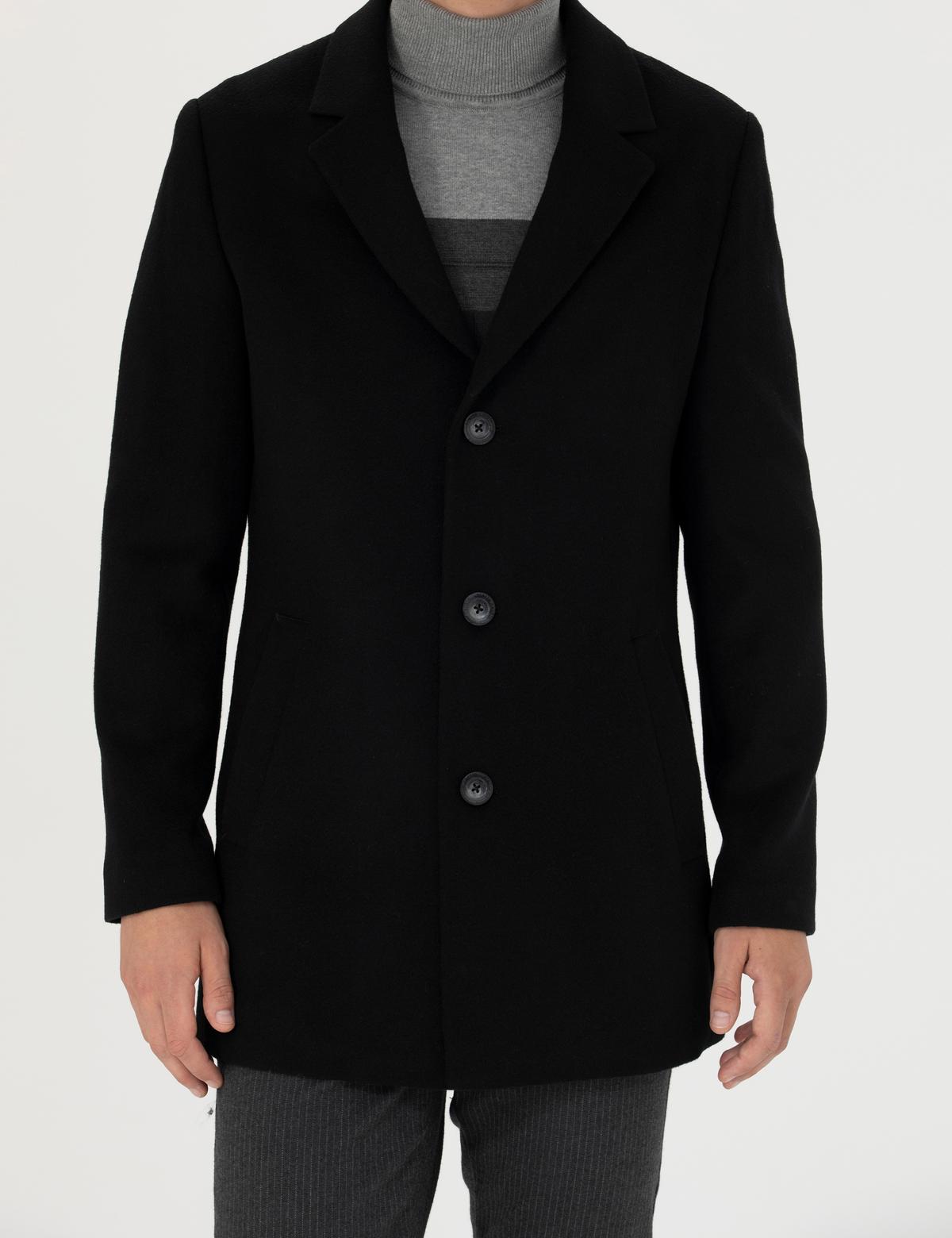 Siyah Ekstra Slim Fit Yün Karışımlı Kaşe Kaban - 50284222008