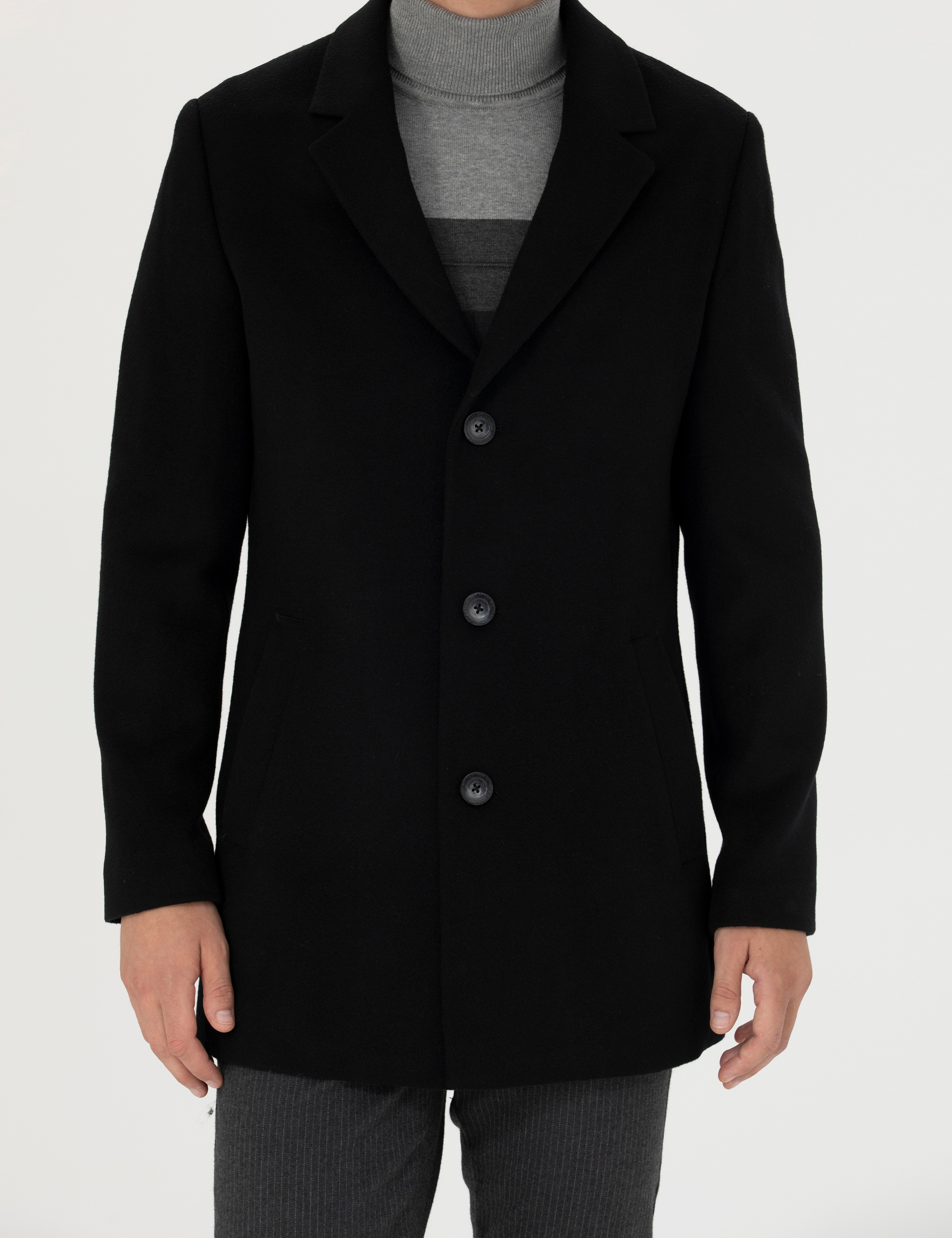 Siyah Ekstra Slim Fit Yün Karışımlı Kaşe Kaban