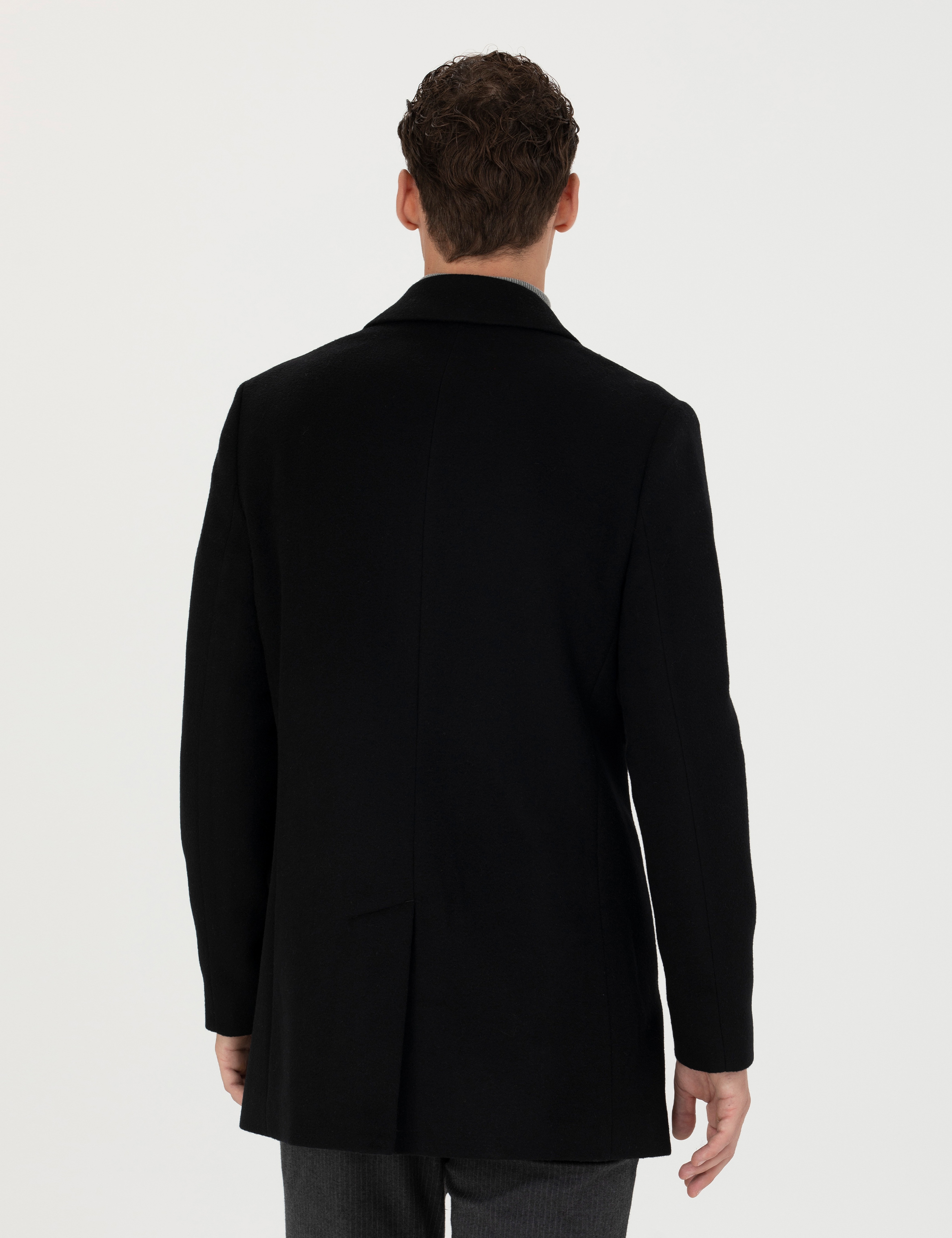 Siyah Ekstra Slim Fit Yün Karışımlı Kaşe Kaban