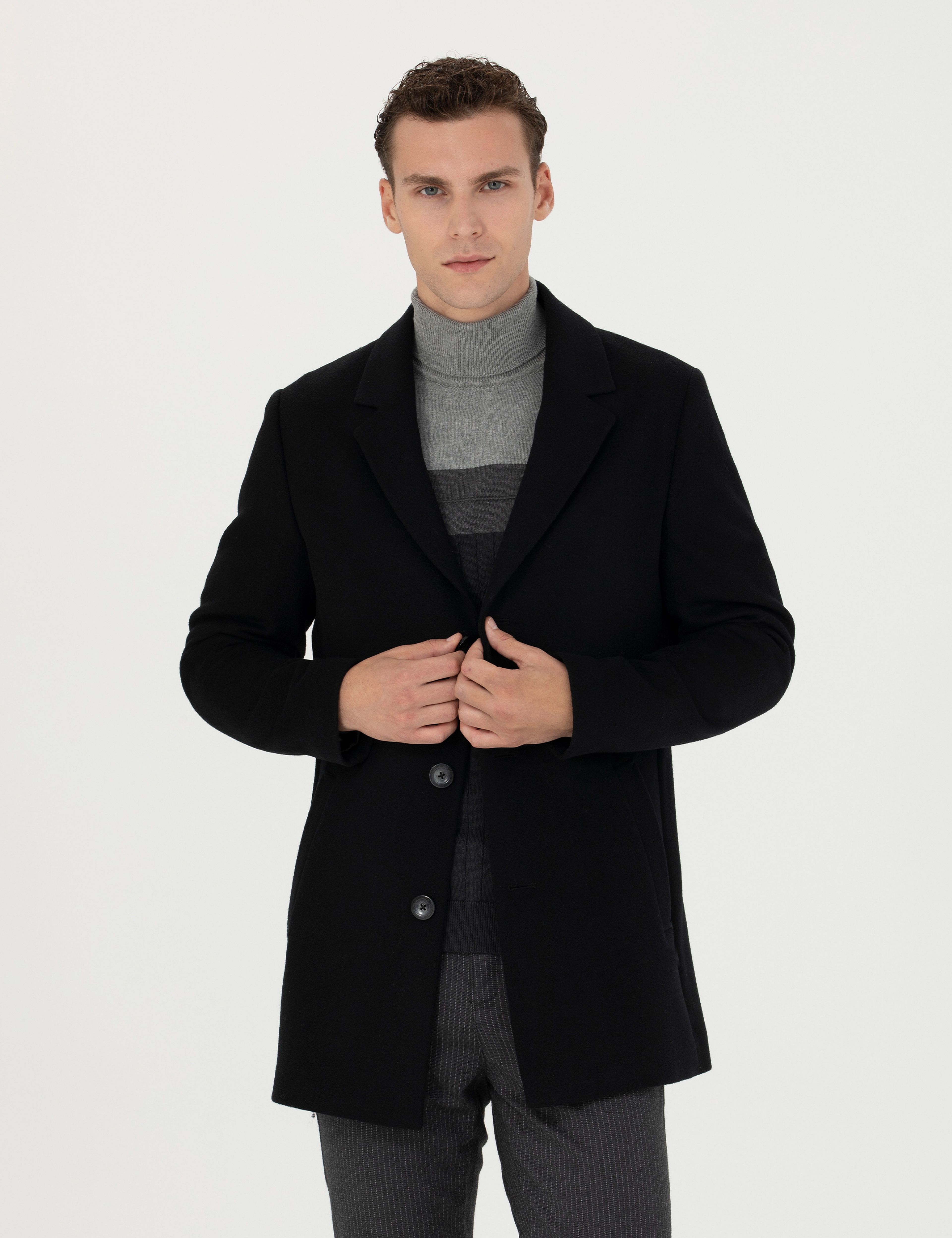 Siyah Ekstra Slim Fit Yün Karışımlı Kaşe Kaban - Image 1