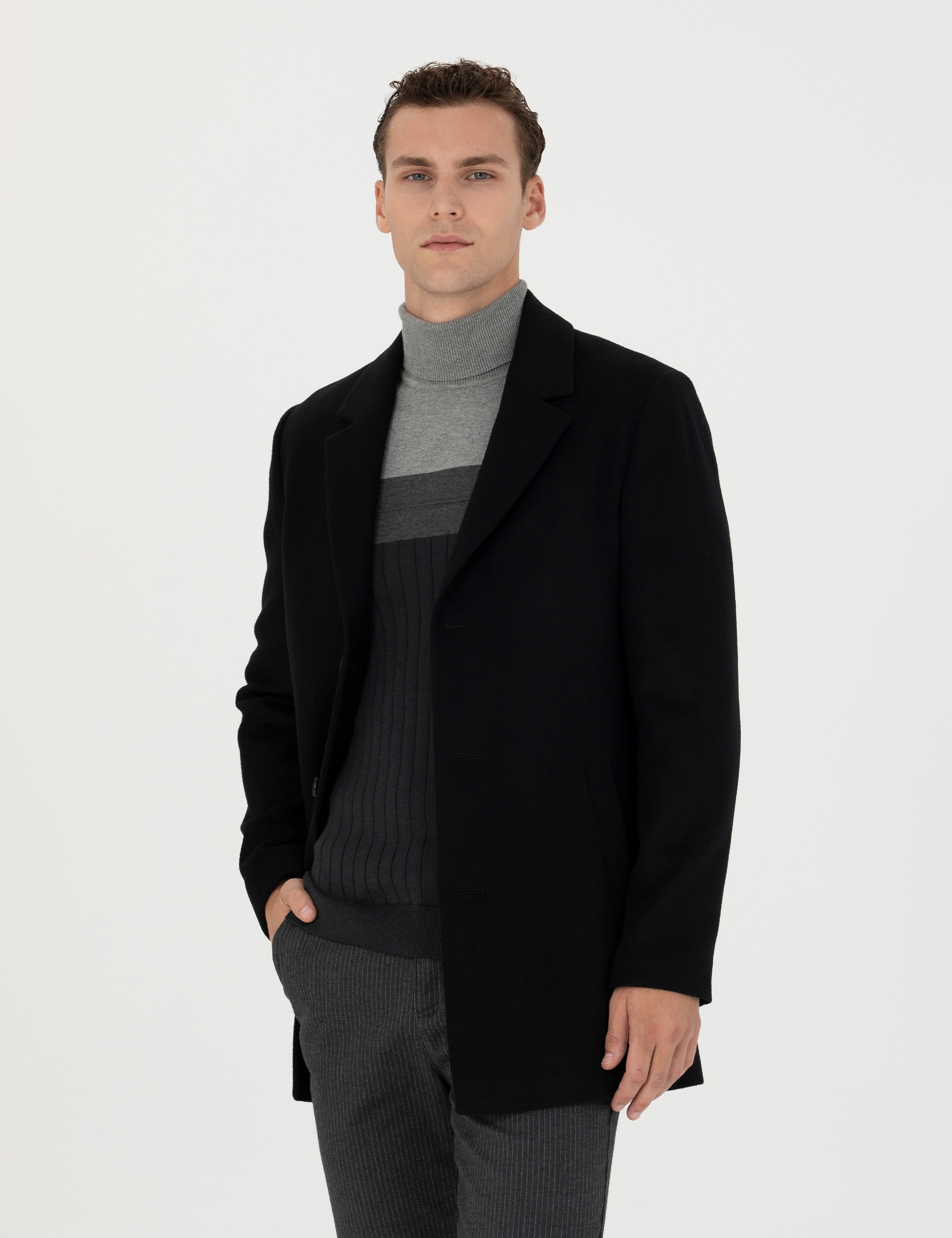 Siyah Ekstra Slim Fit Yün Karışımlı Kaşe Kaban - Image 3