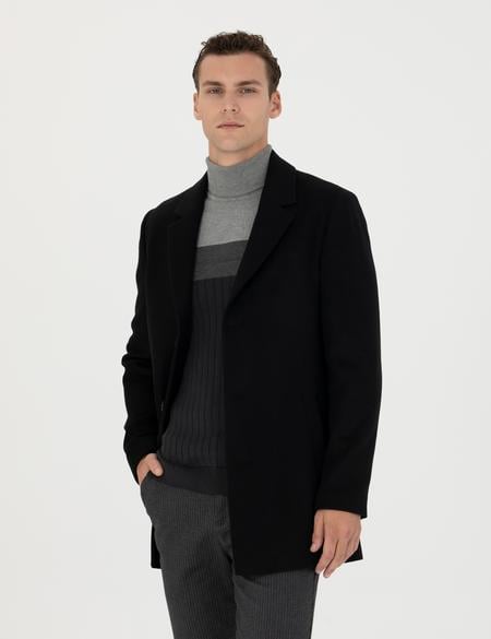 Siyah Ekstra Slim Fit Yün Karışımlı Kaşe Kaban - 50284222008
