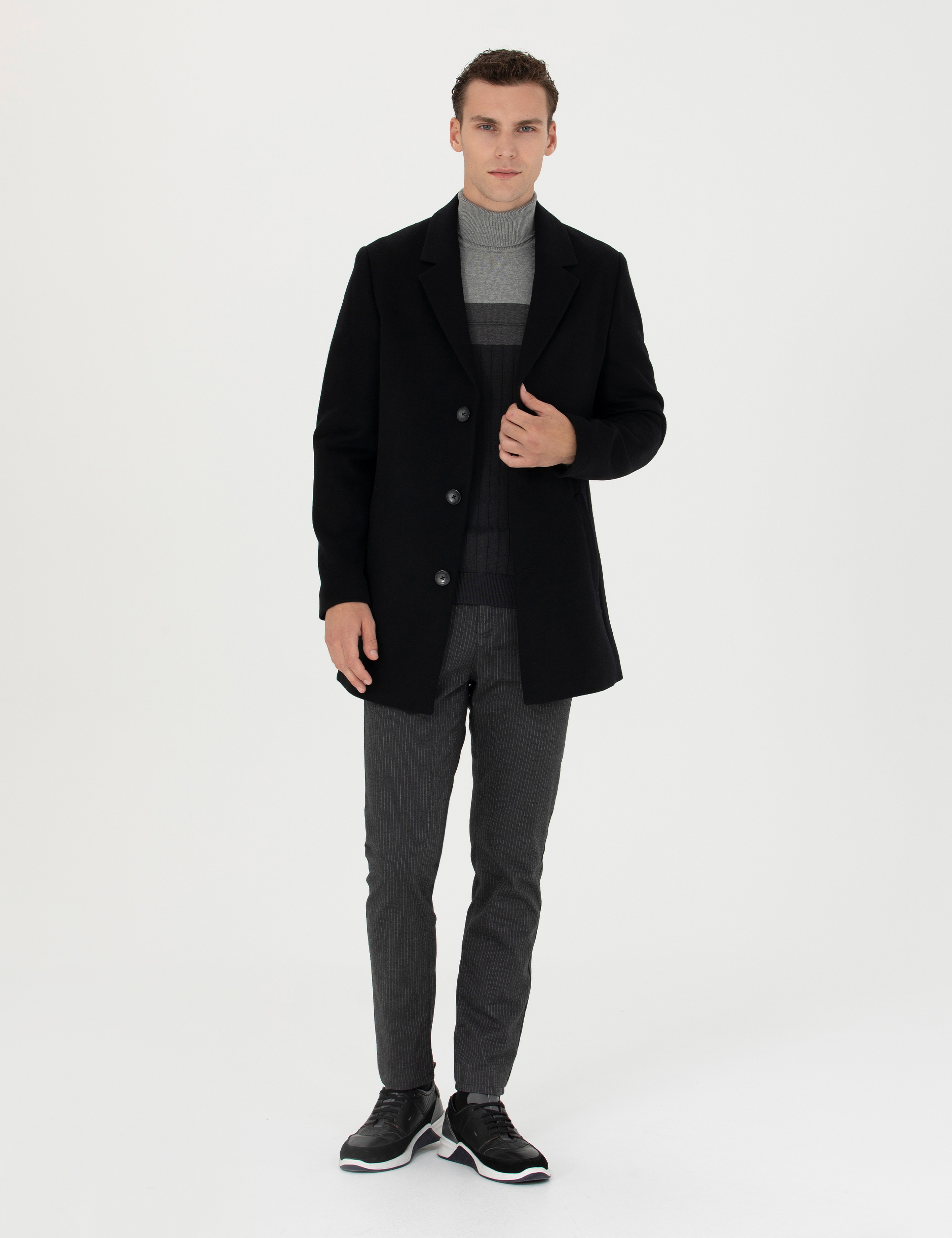 Siyah Ekstra Slim Fit Yün Karışımlı Kaşe Kaban - Image 4