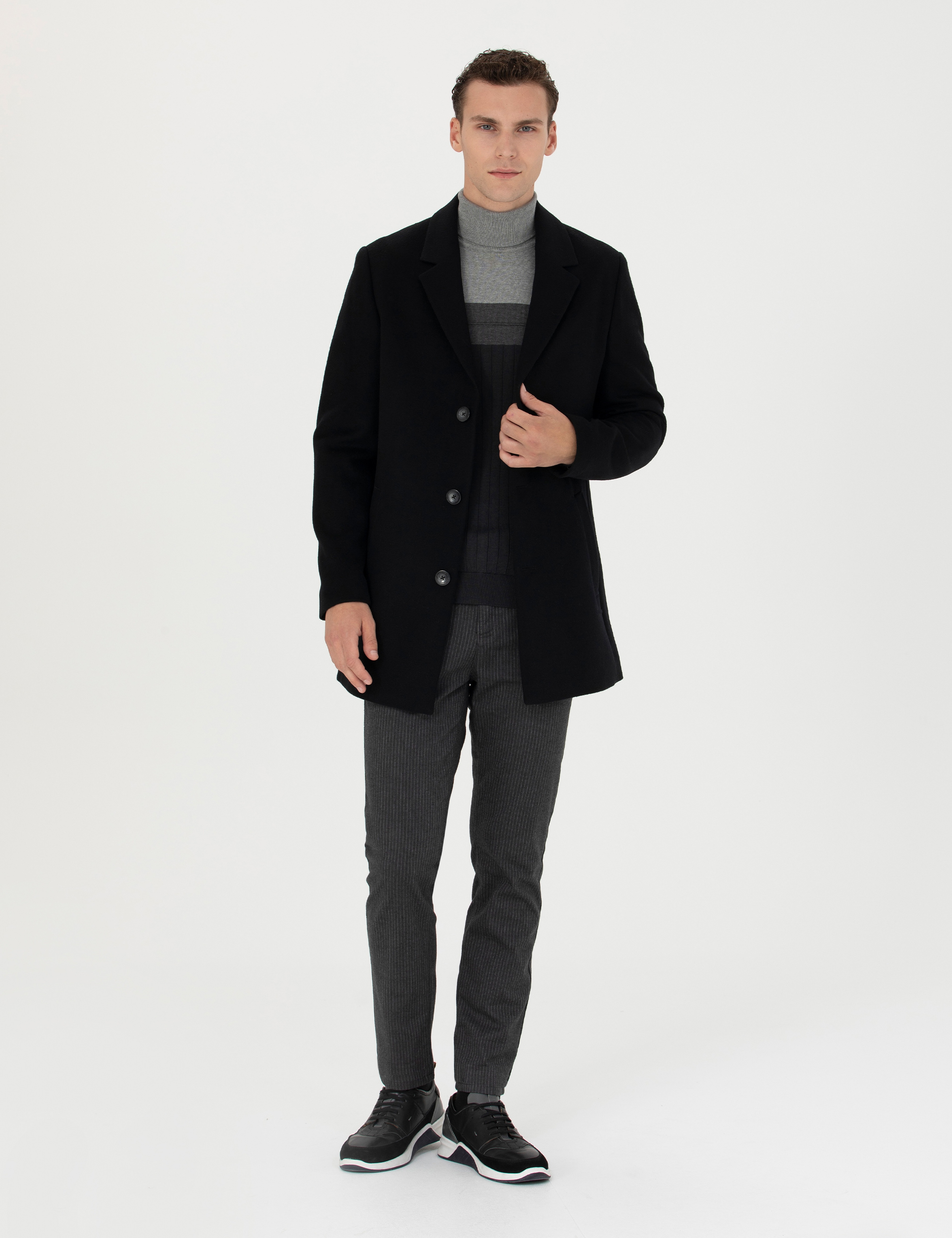 Siyah Ekstra Slim Fit Yün Karışımlı Kaşe Kaban