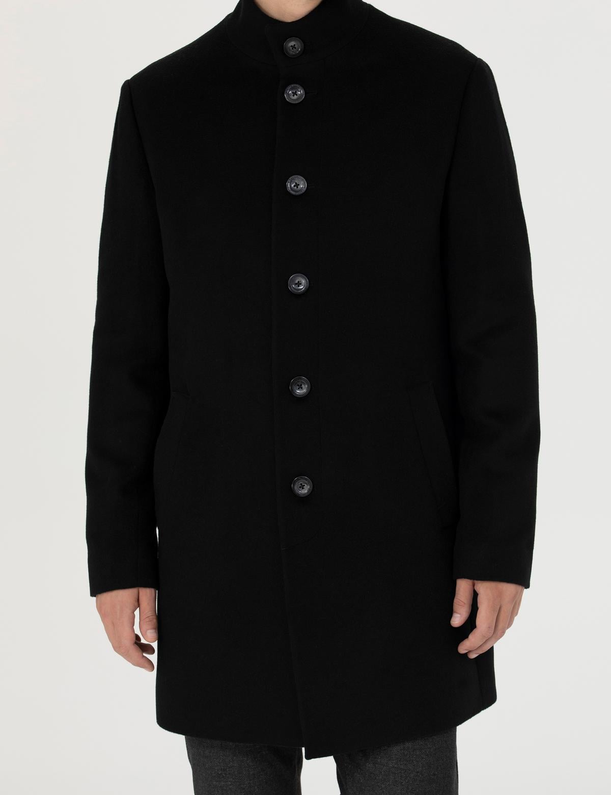 Siyah Yün Karışımlı Slim Fit Palto - 50284231006