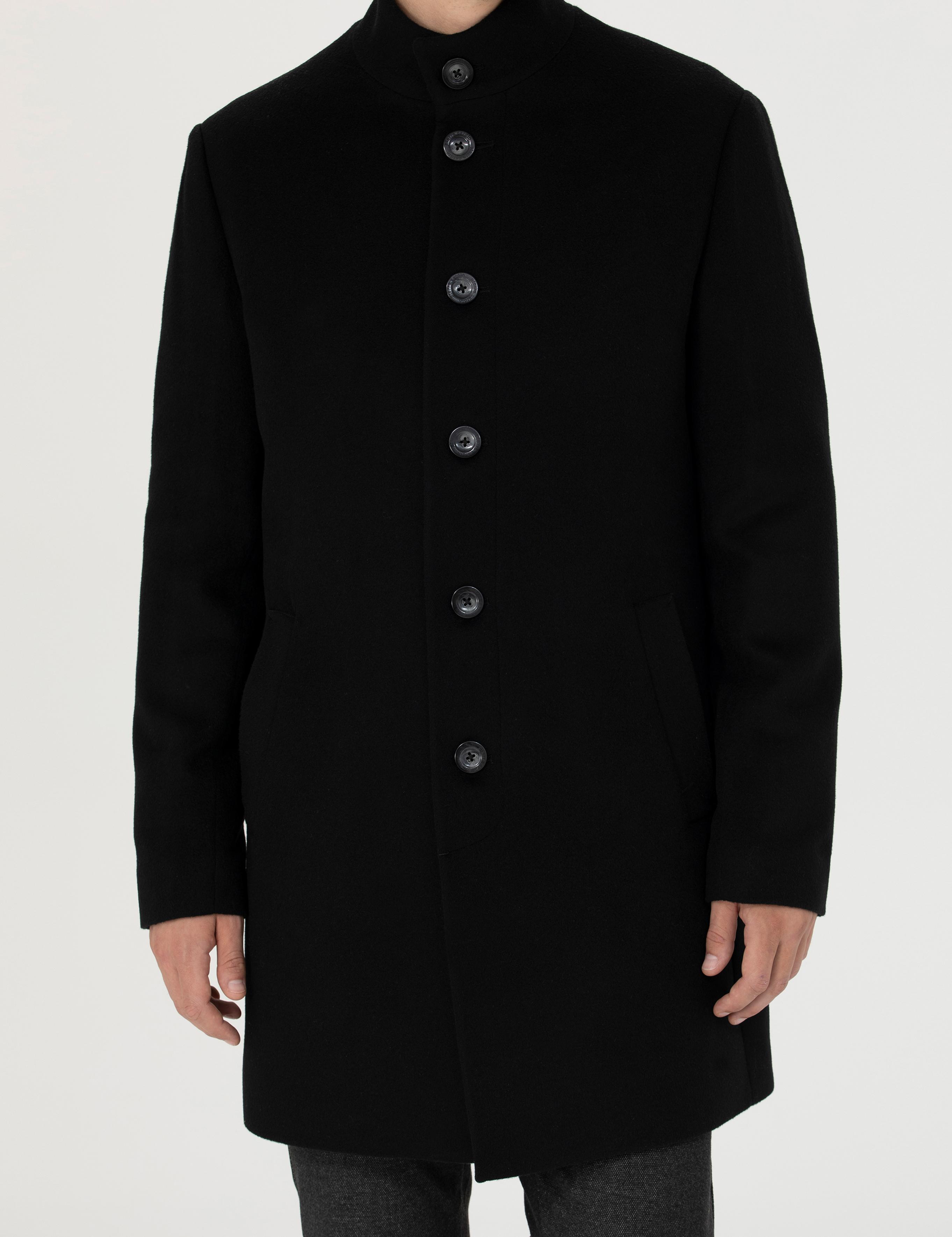 Siyah Yün Karışımlı Slim Fit Palto