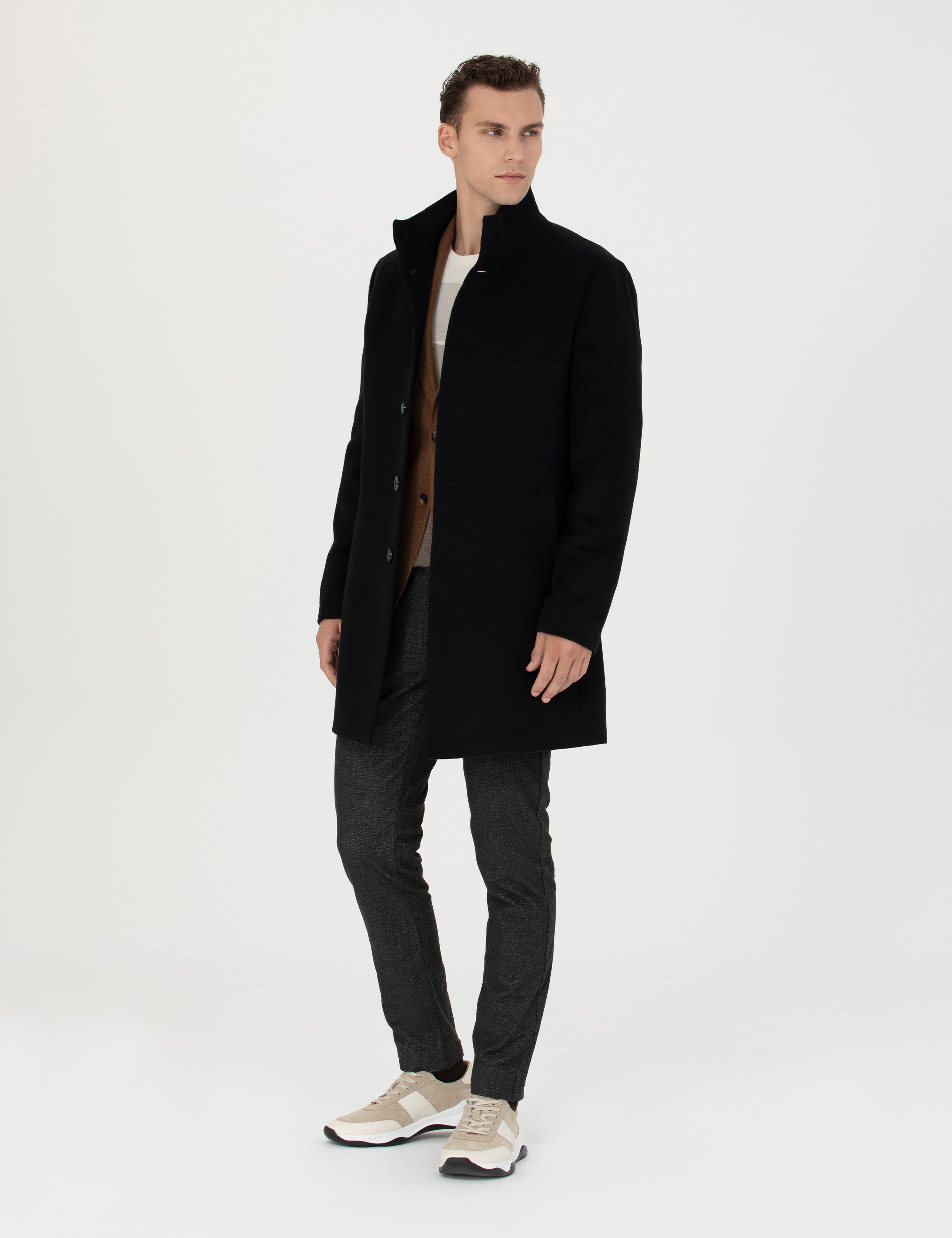 Siyah Yün Karışımlı Slim Fit Palto