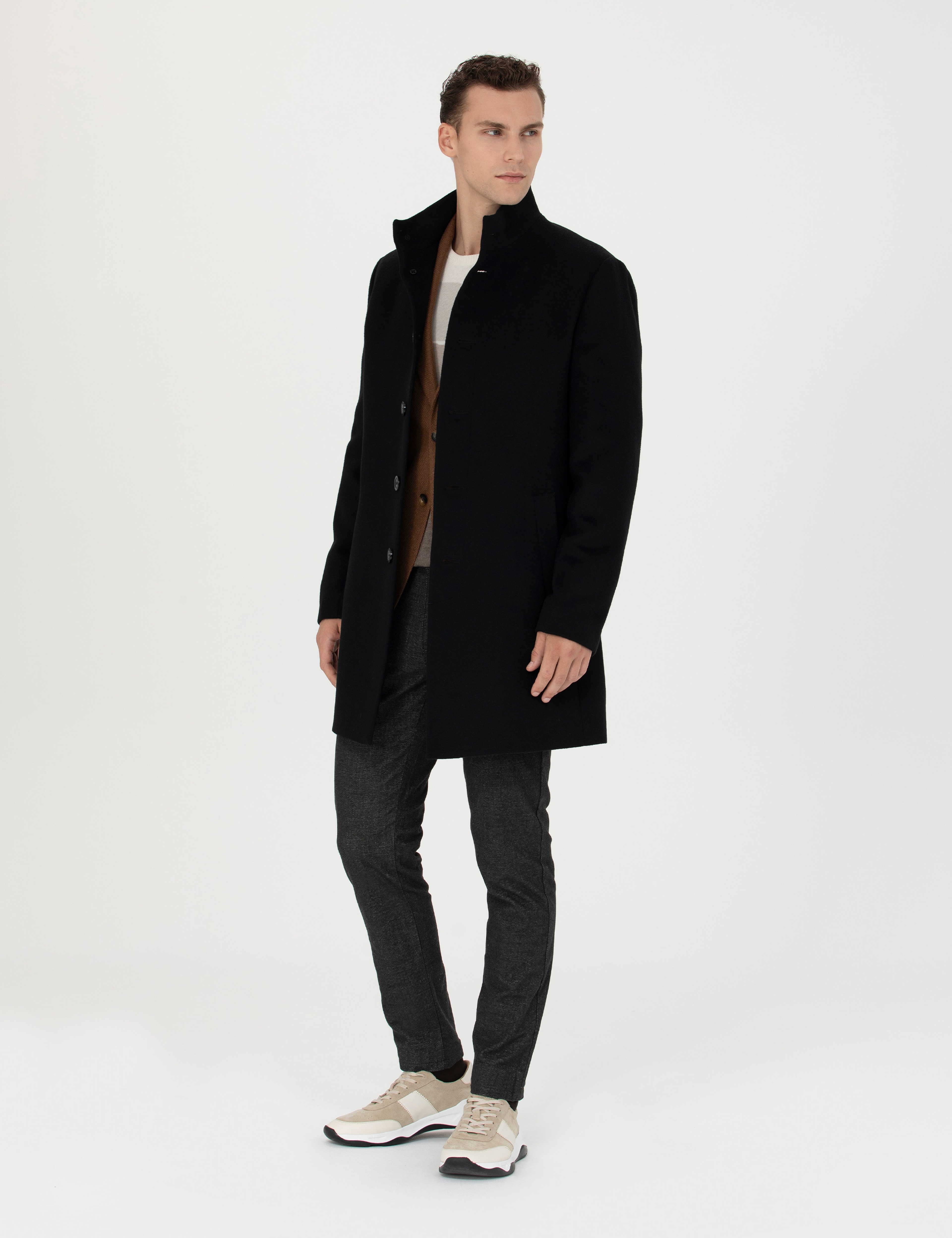 Siyah Yün Karışımlı Slim Fit Palto - Image 3