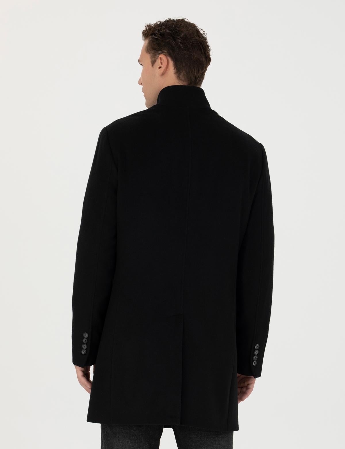 Siyah Yün Karışımlı Slim Fit Palto - 50284231006