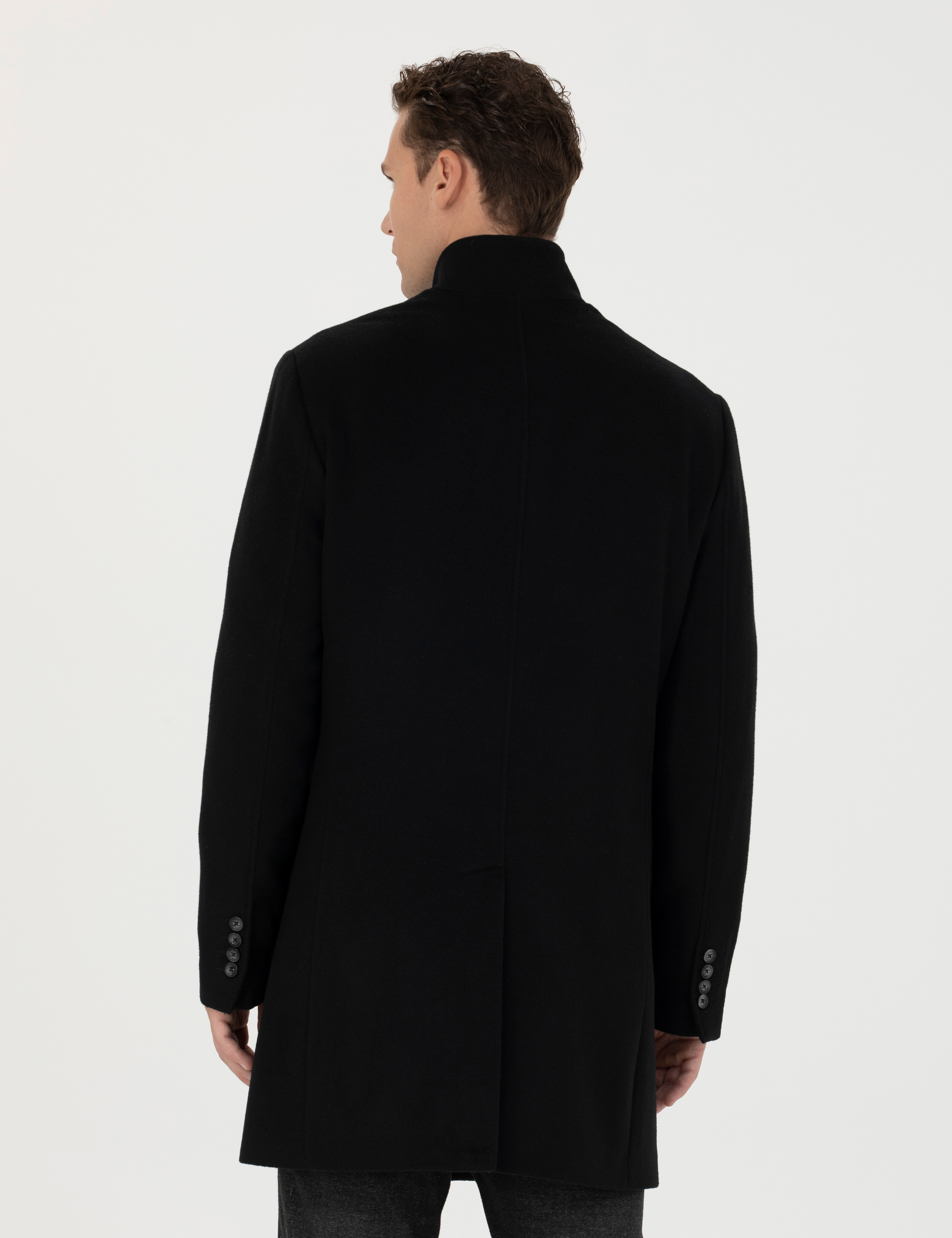 Siyah Yün Karışımlı Slim Fit Palto - Image 5