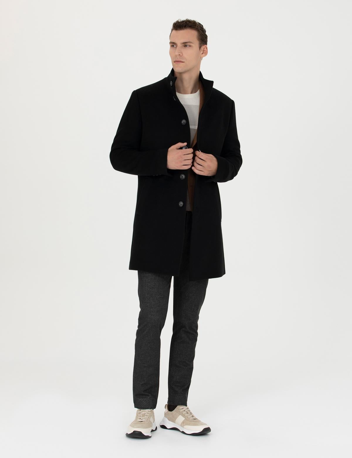 Siyah Yün Karışımlı Slim Fit Palto