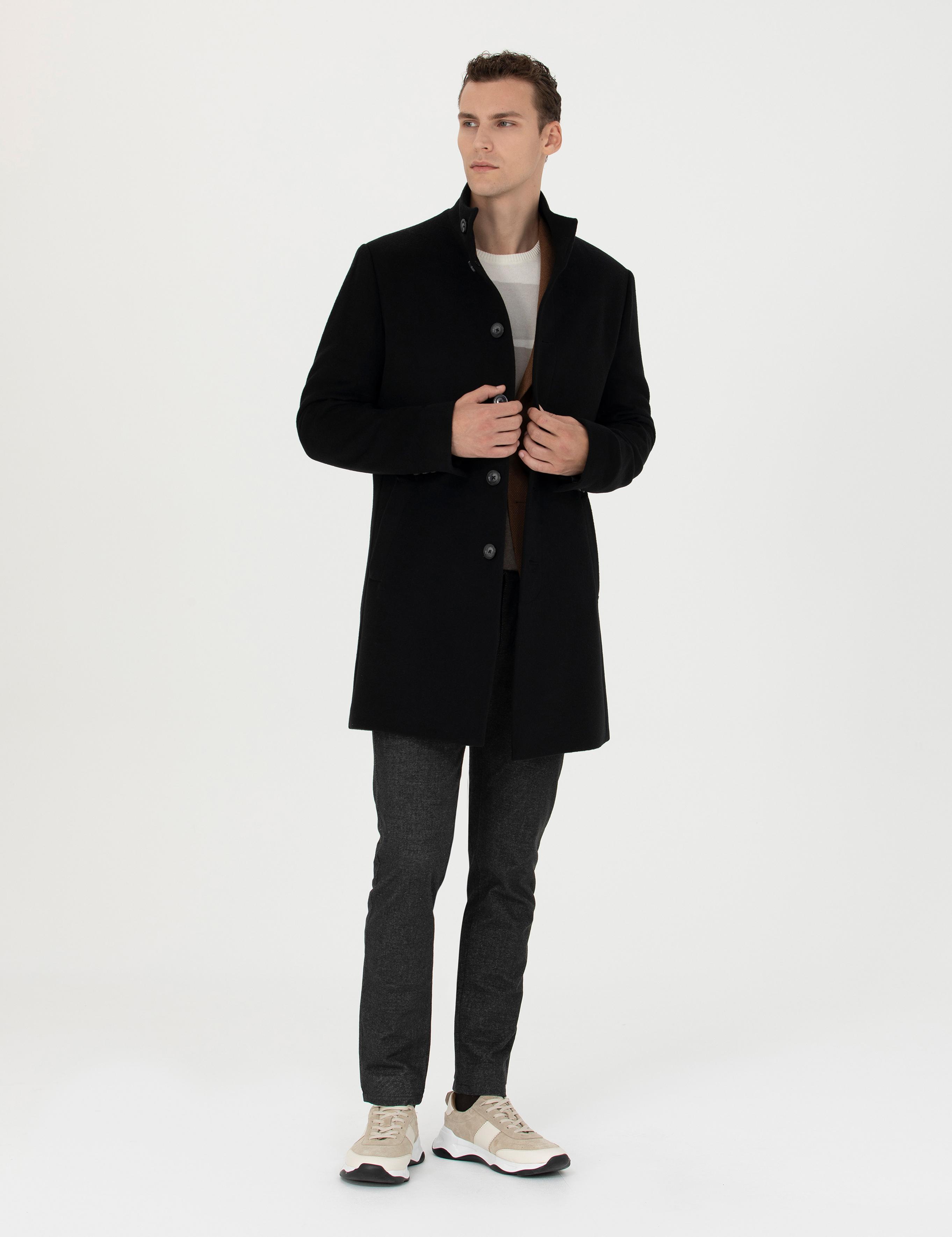 Siyah Yün Karışımlı Slim Fit Palto