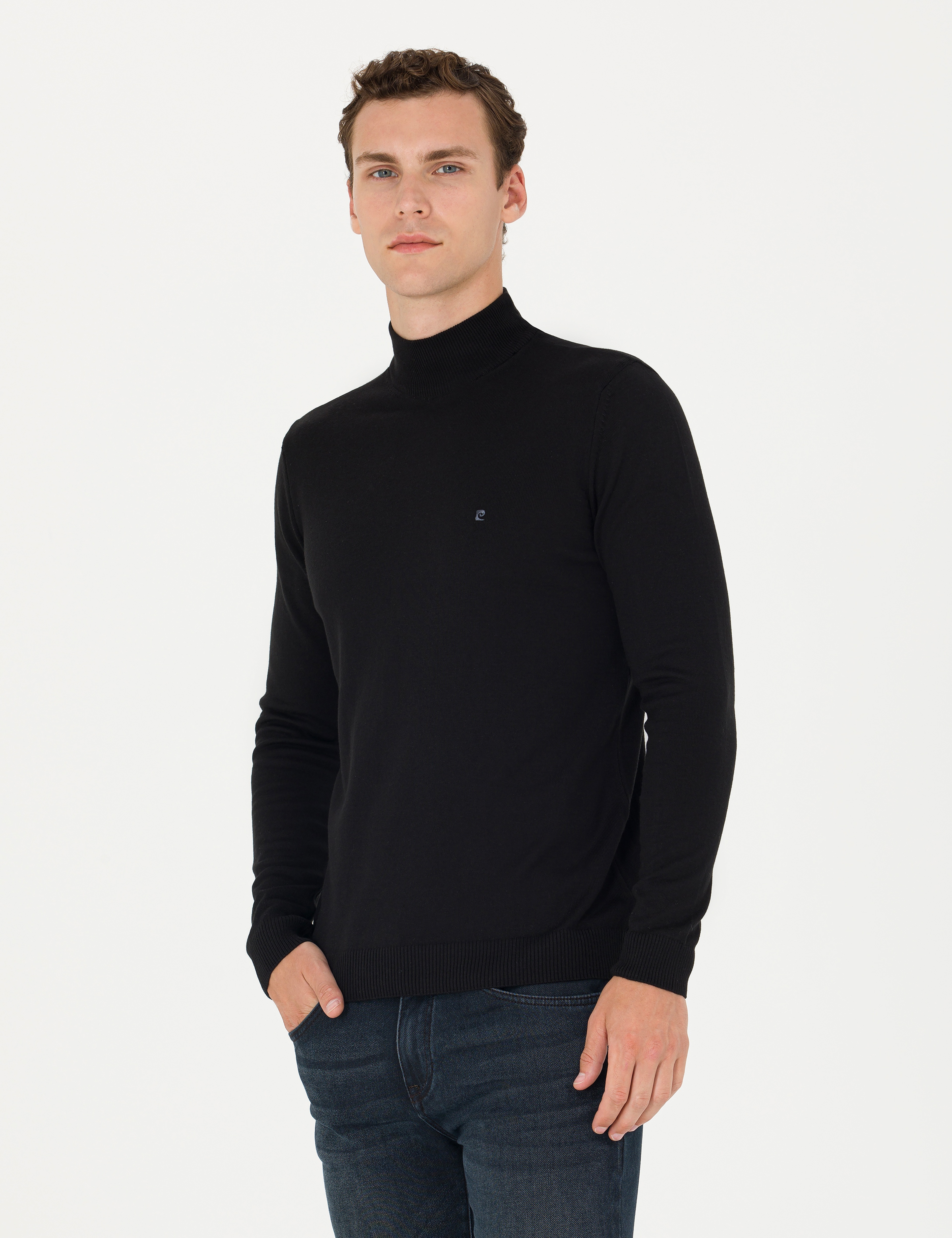 Siyah Slim Fit Yarım Balıkçı Yaka Basic Triko Kazak - Image 3