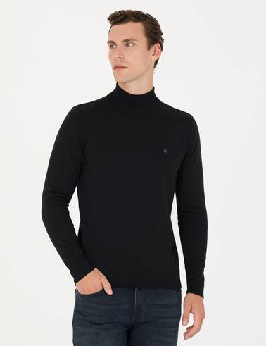 Siyah Slim Fit Yarım Balıkçı Yaka Basic Triko Kazak