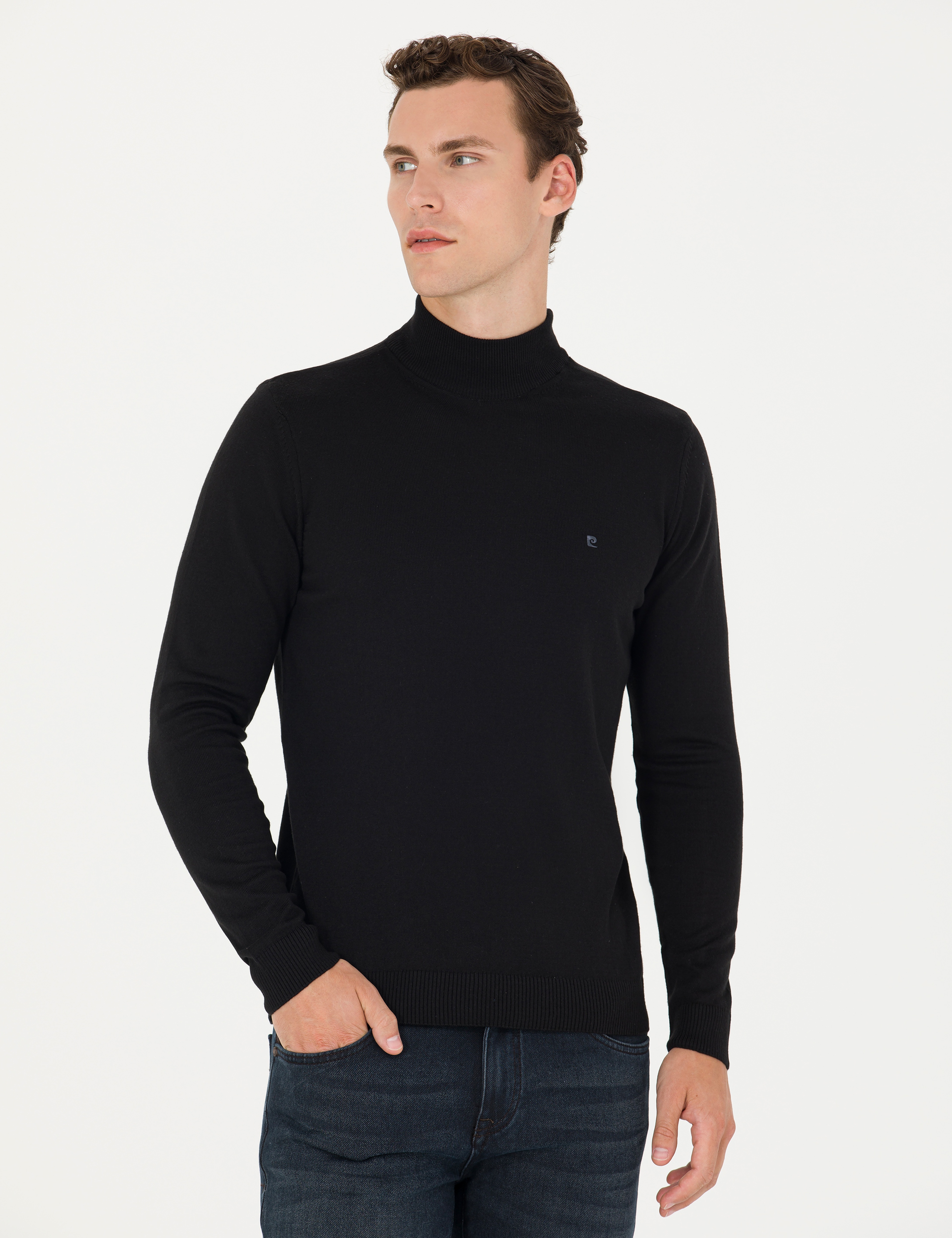 Siyah Slim Fit Yarım Balıkçı Yaka Basic Triko Kazak - Image 1