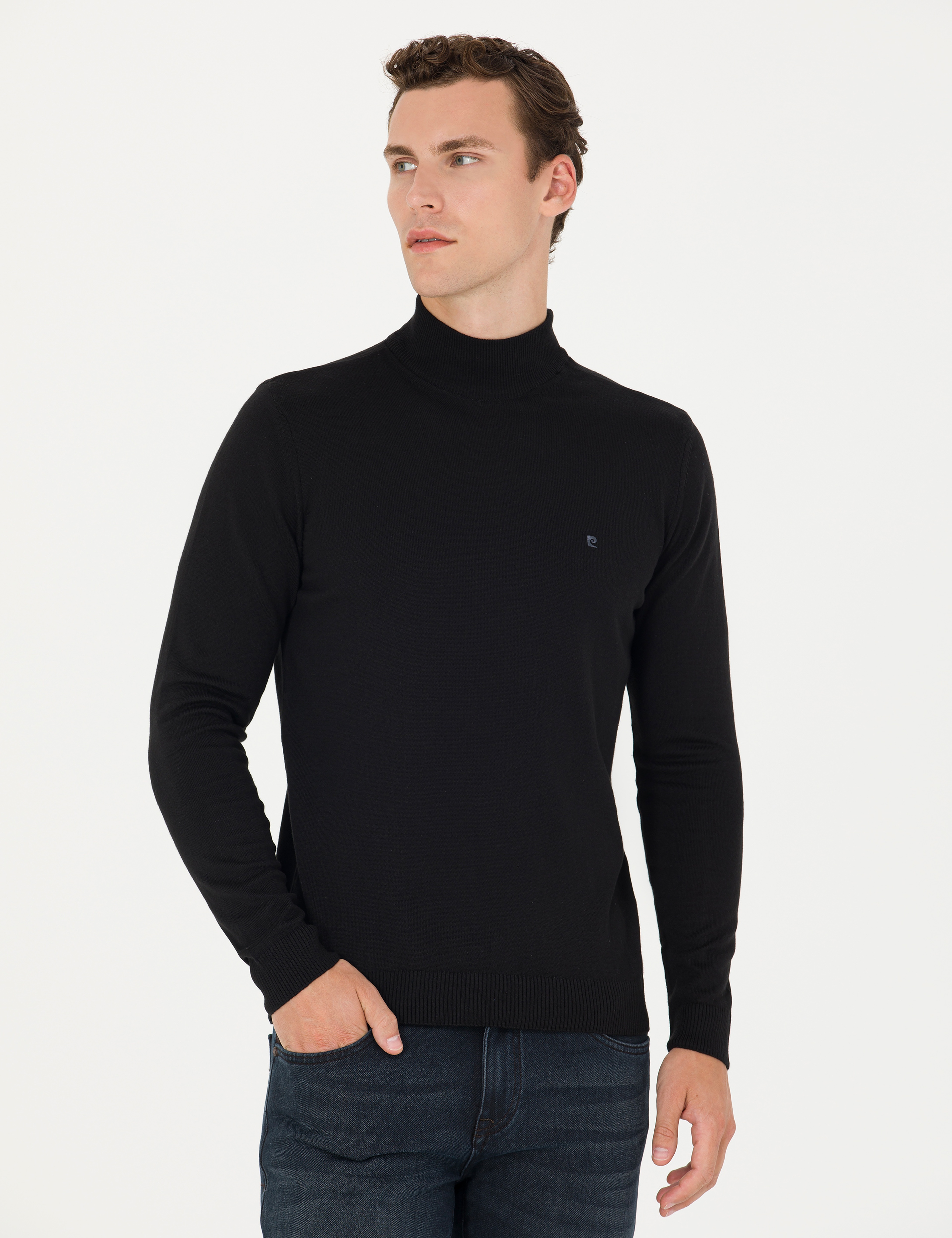 Siyah Slim Fit Yarım Balıkçı Yaka Basic Triko Kazak