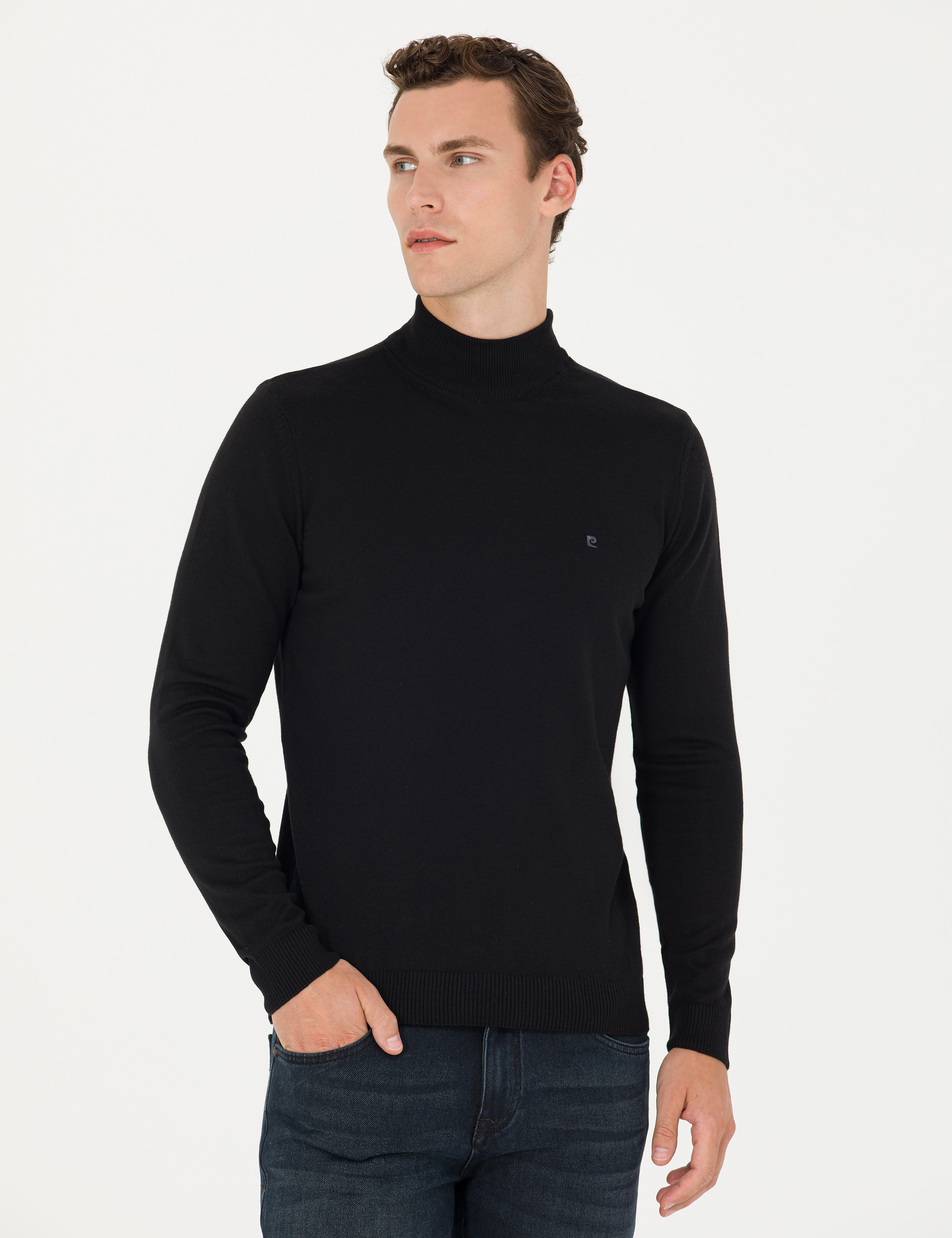 Siyah Slim Fit Yarım Balıkçı Yaka Basic Triko Kazak