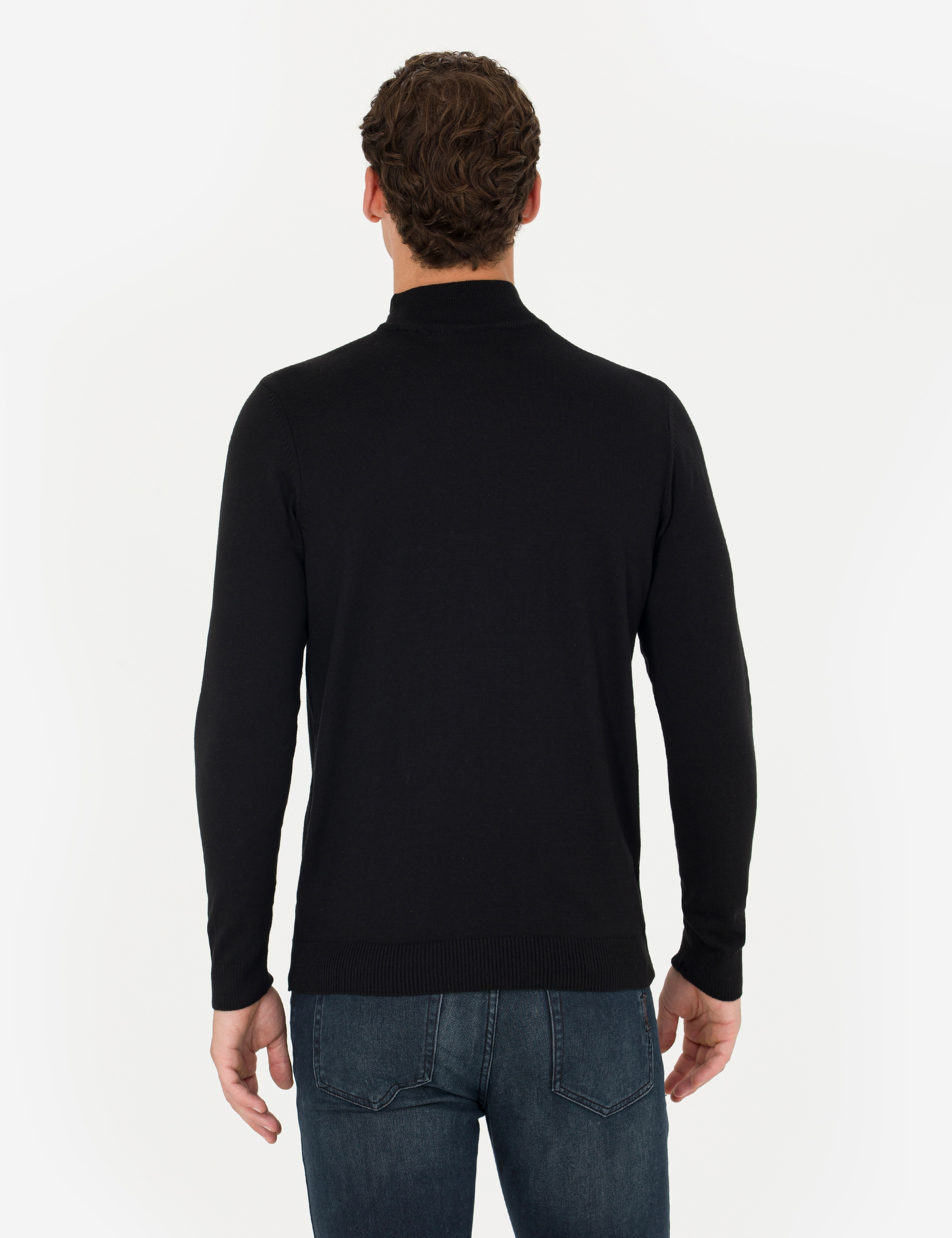 Siyah Slim Fit Yarım Balıkçı Yaka Basic Triko Kazak