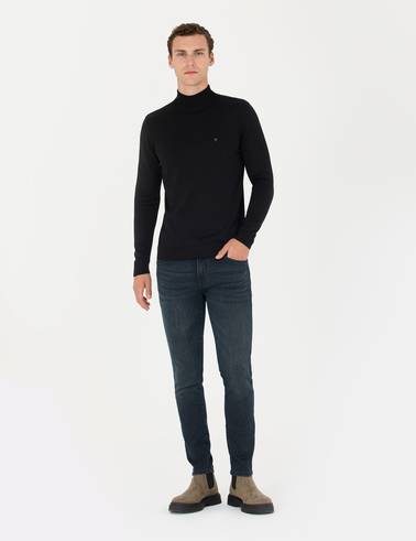 Siyah Slim Fit Yarım Balıkçı Yaka Basic Triko Kazak