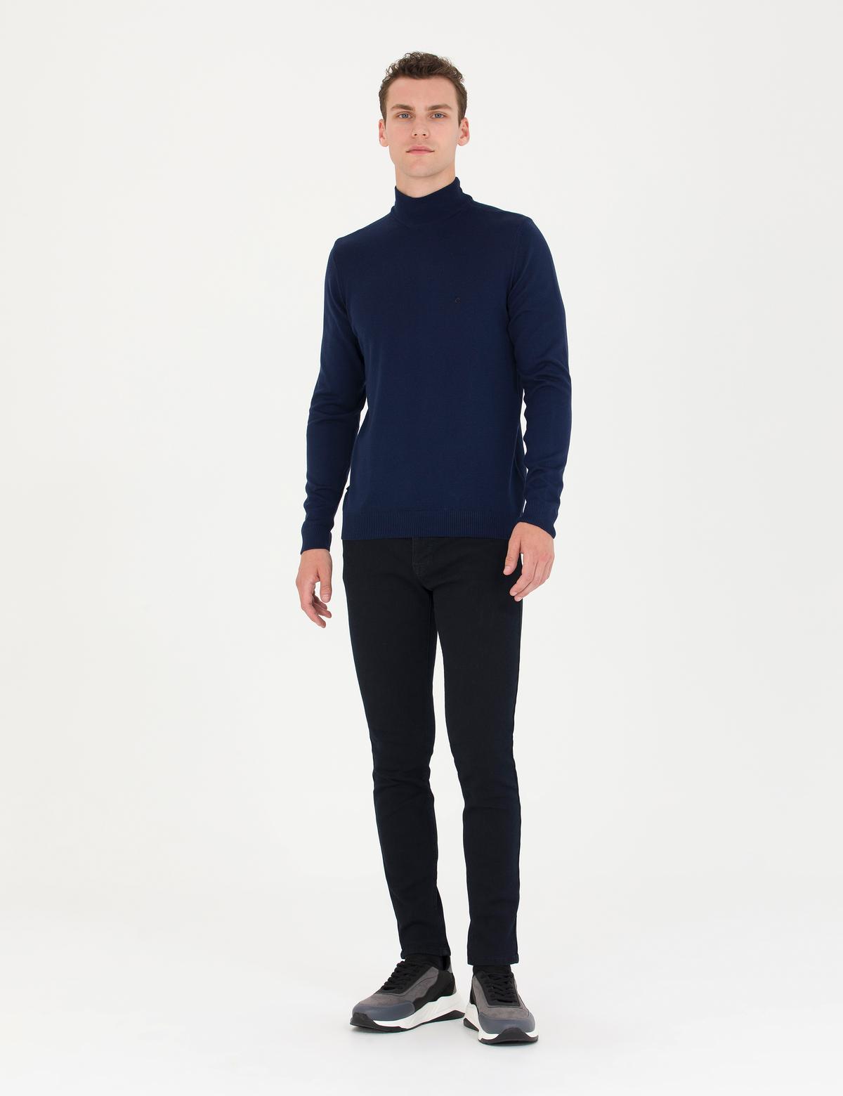 Açık Lacivert Slim Fit Yarım Balıkçı Yaka Basic Triko Kazak - 50276502097