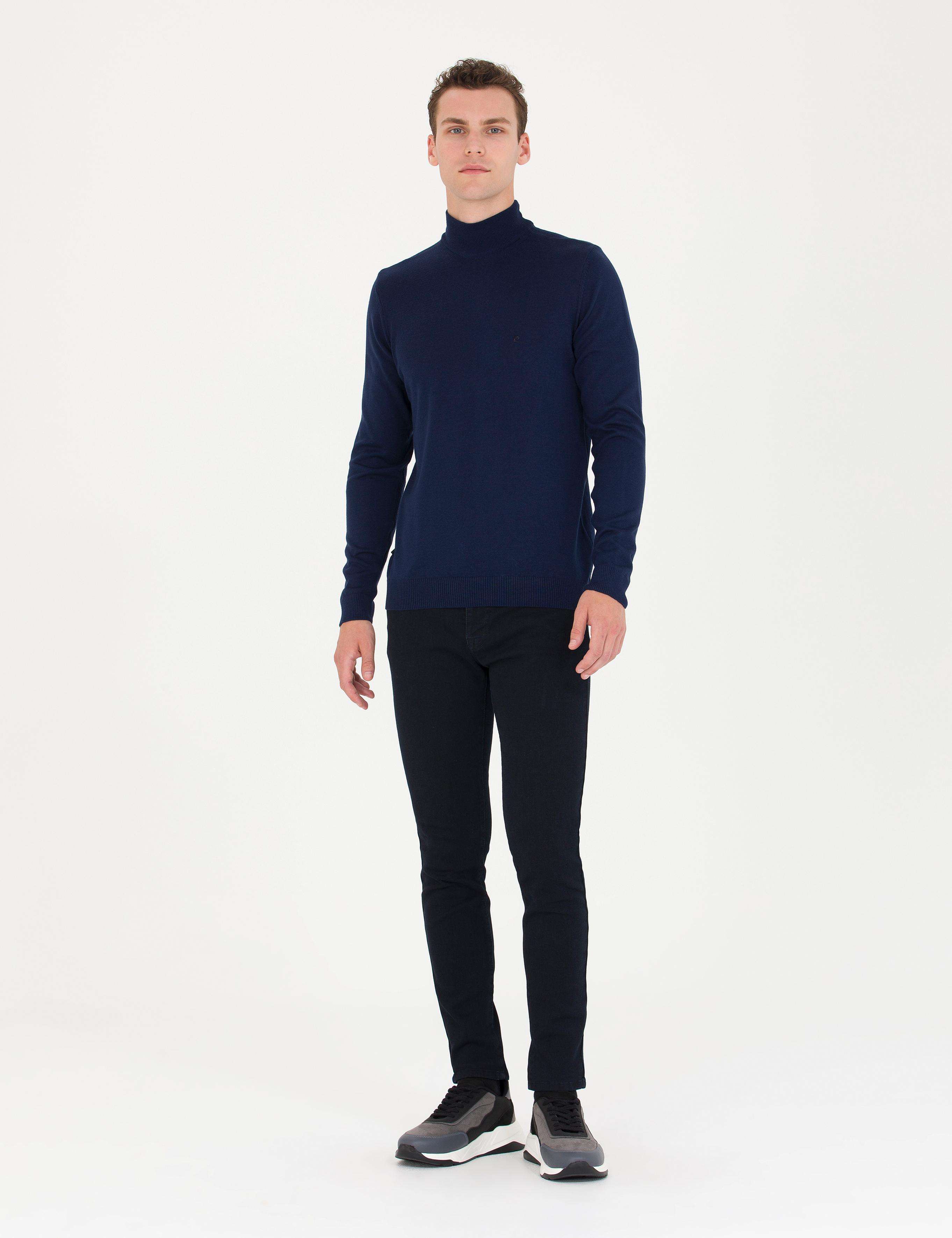 Açık Lacivert Slim Fit Yarım Balıkçı Yaka Basic Triko Kazak