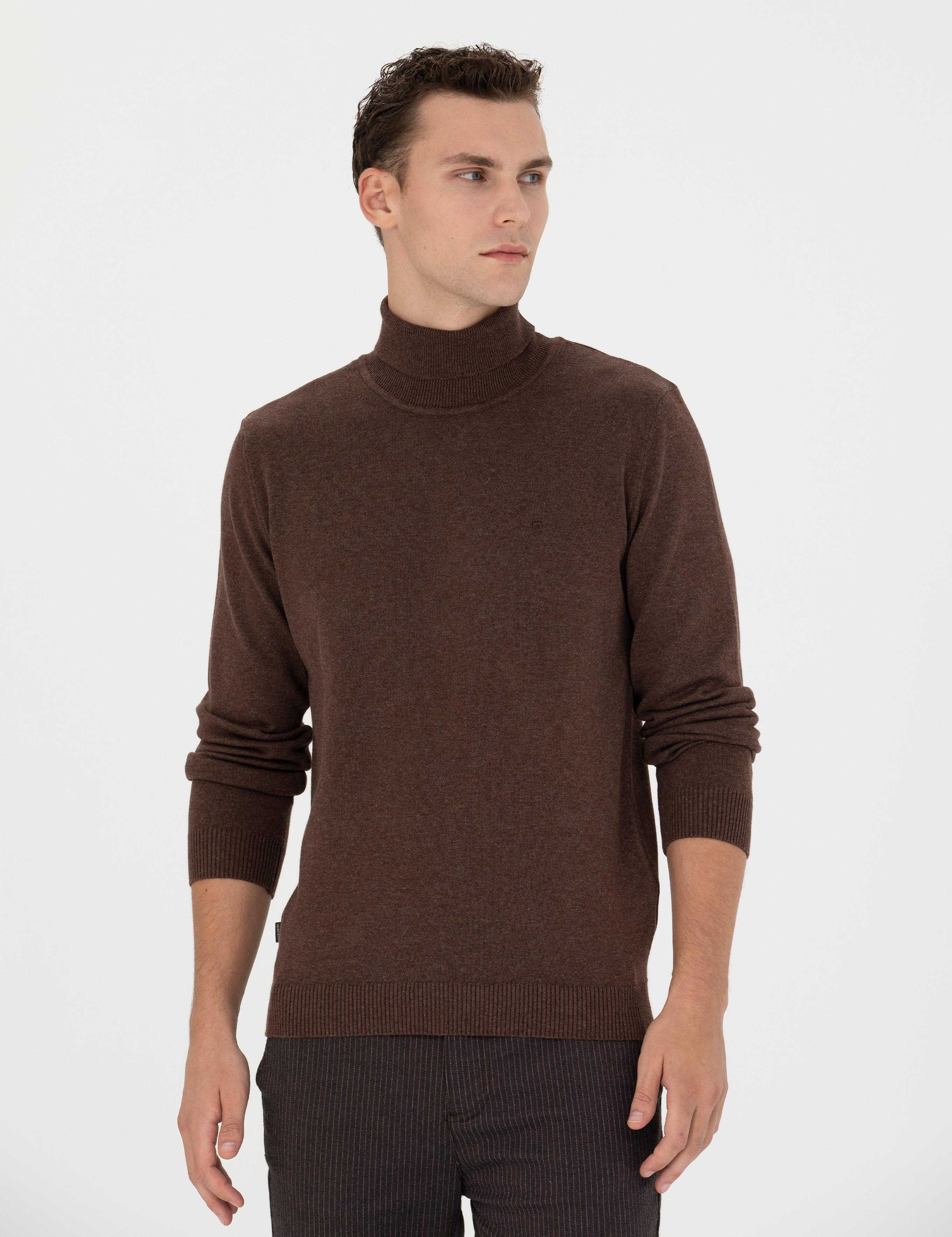 Kahverengi Slim Fit Balıkçı Yaka Basic Triko Kazak