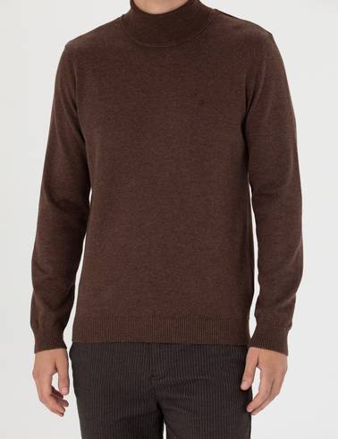 Kahverengi Slim Fit Balıkçı Yaka Basic Triko Kazak