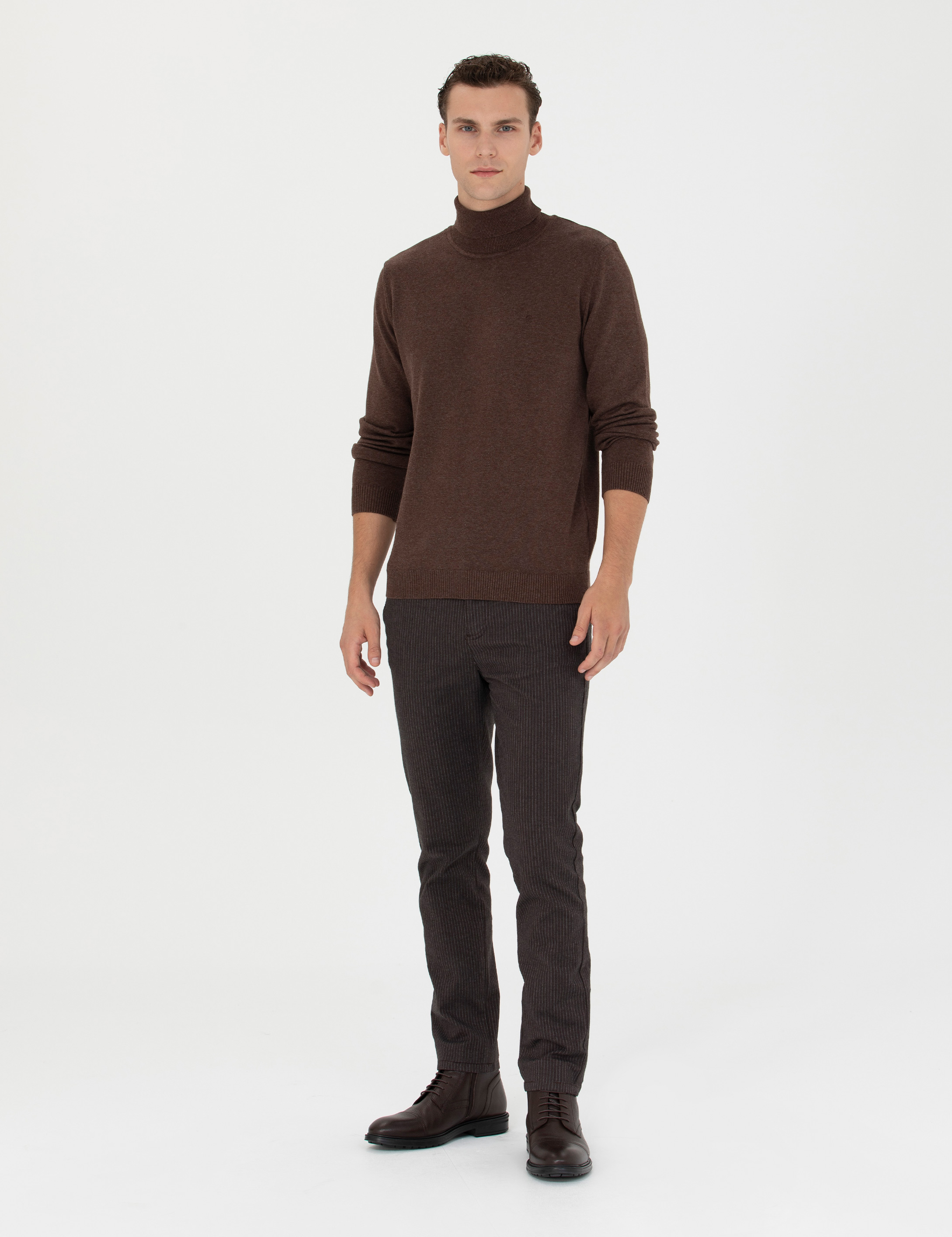 Pierre Cardin Kahverengi Slim Fit Balıkçı Yaka Basic Triko Kazak görsel 4