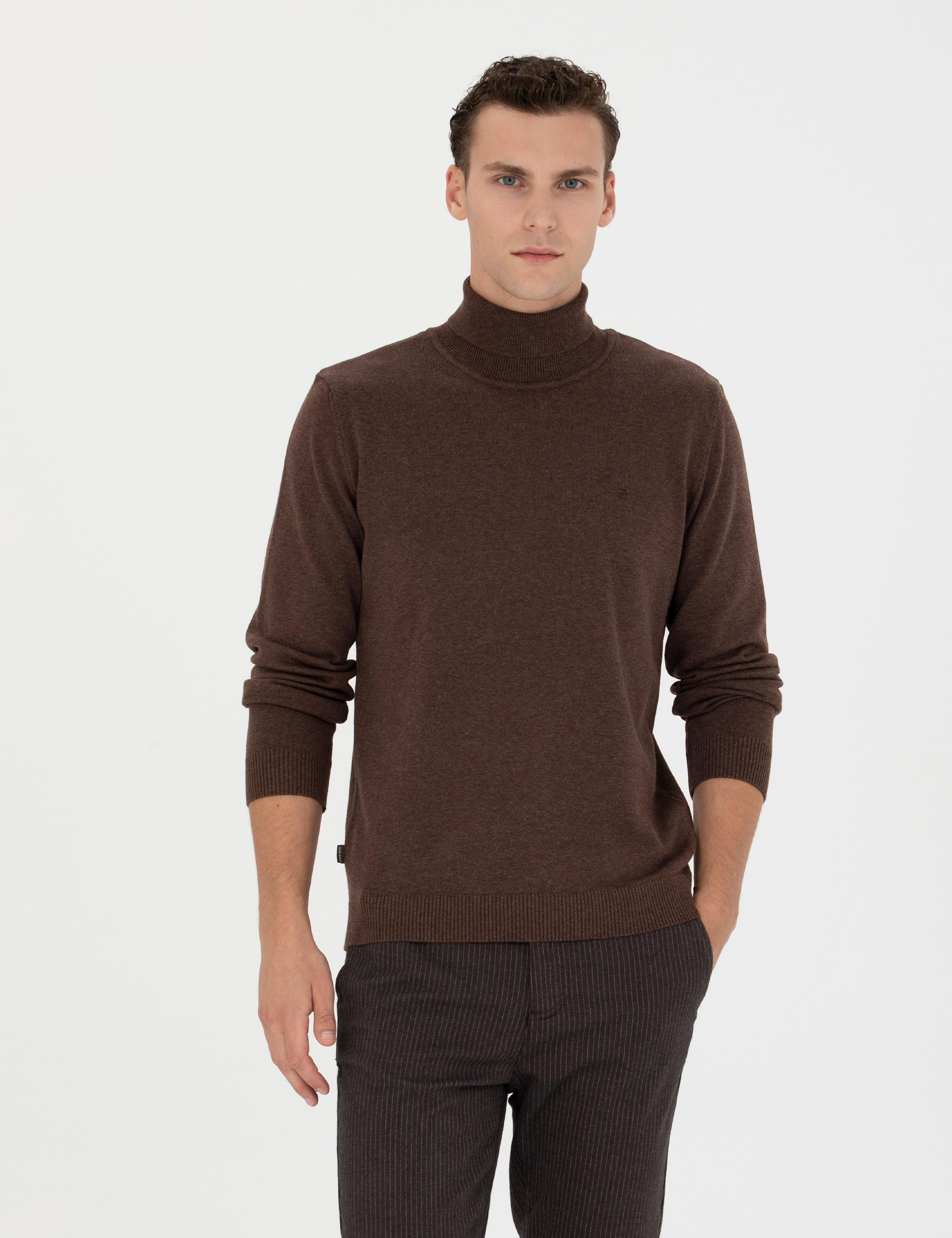 Kahverengi Slim Fit Balıkçı Yaka Basic Triko Kazak