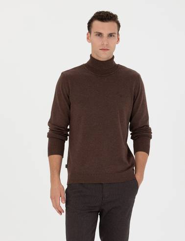 Kahverengi Slim Fit Balıkçı Yaka Basic Triko Kazak