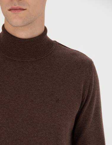 Kahverengi Slim Fit Balıkçı Yaka Basic Triko Kazak