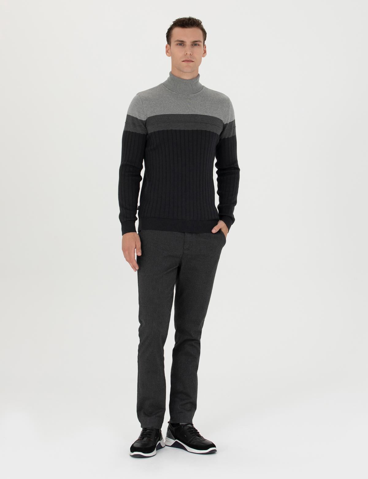 Antrasit Slim Fit Çizgili Kanvas Pantolon