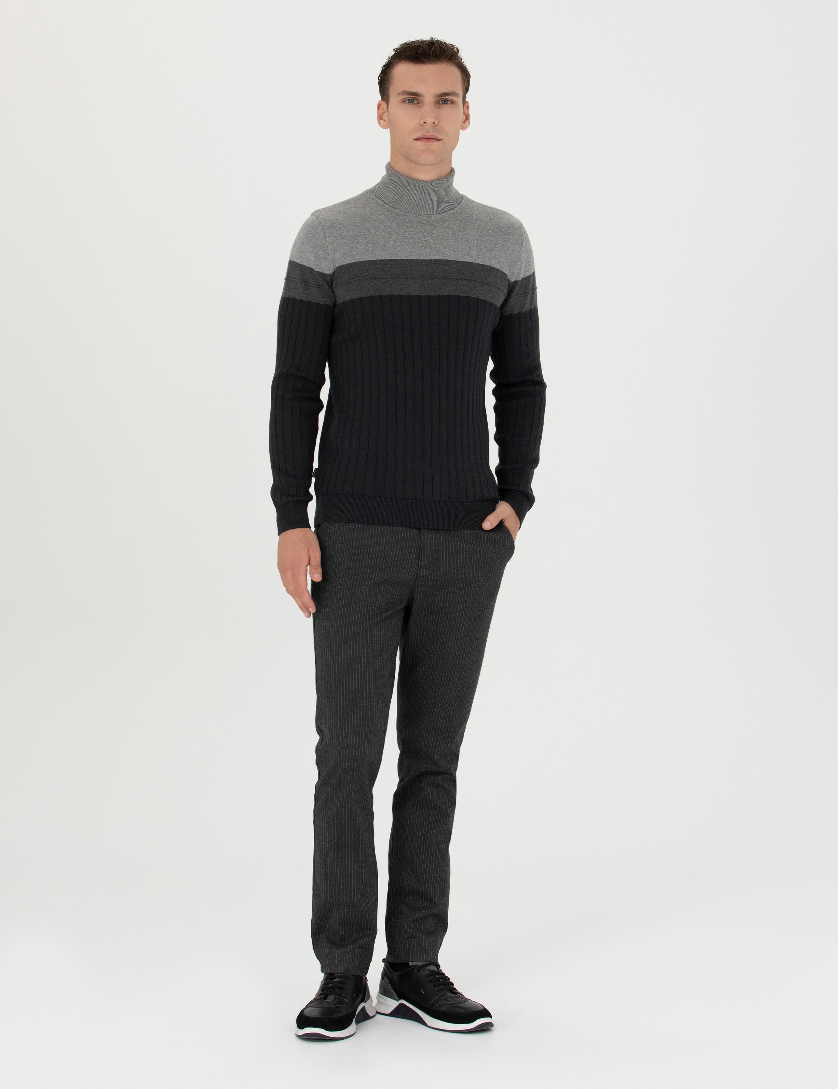 Antrasit Slim Fit Çizgili Kanvas Pantolon