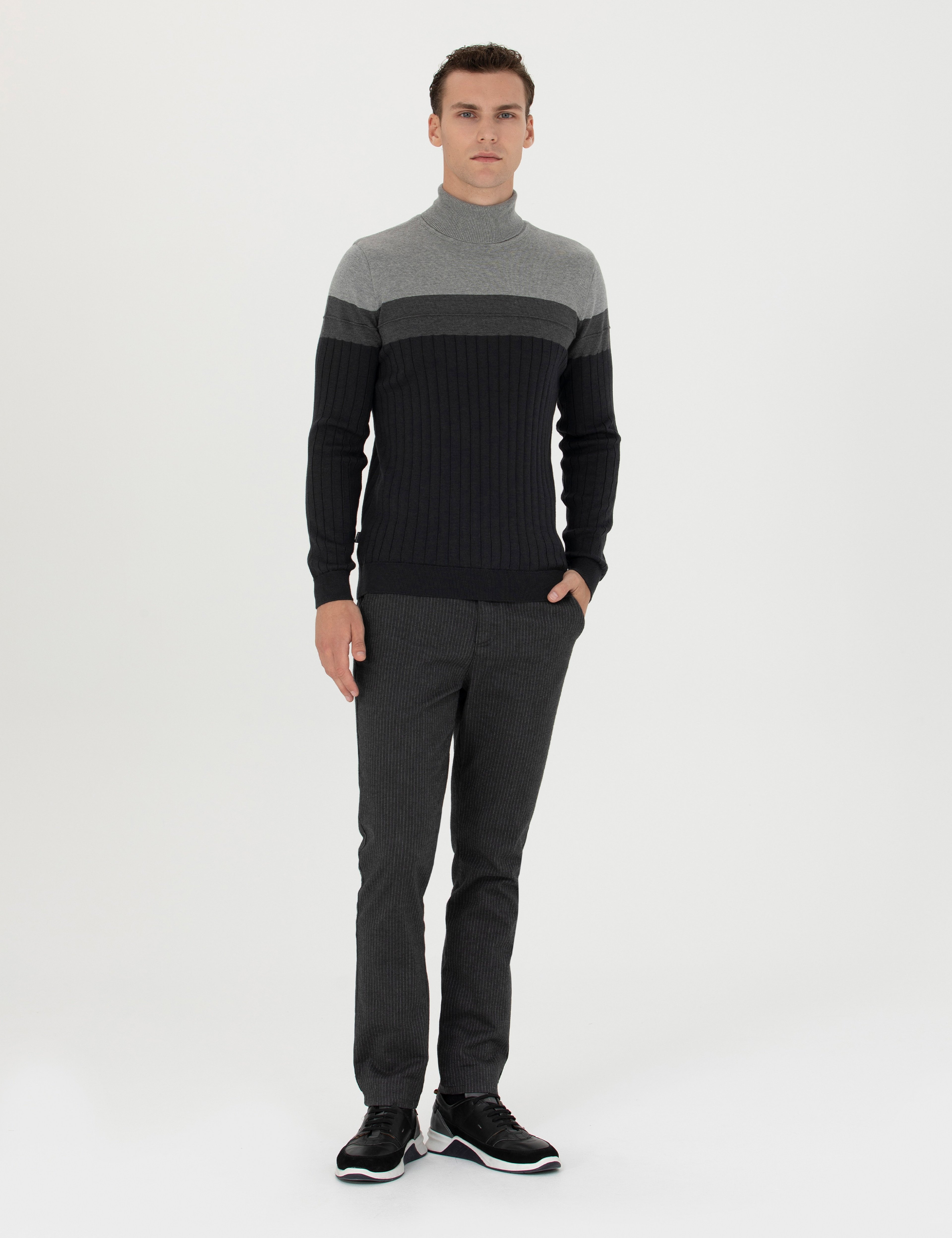 Antrasit Slim Fit Çizgili Kanvas Pantolon - Image 1