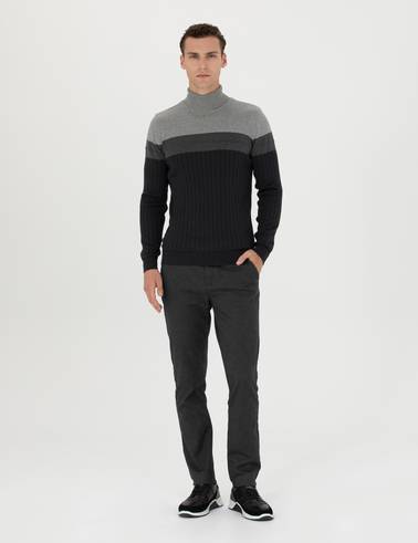 Antrasit Slim Fit Çizgili Kanvas Pantolon