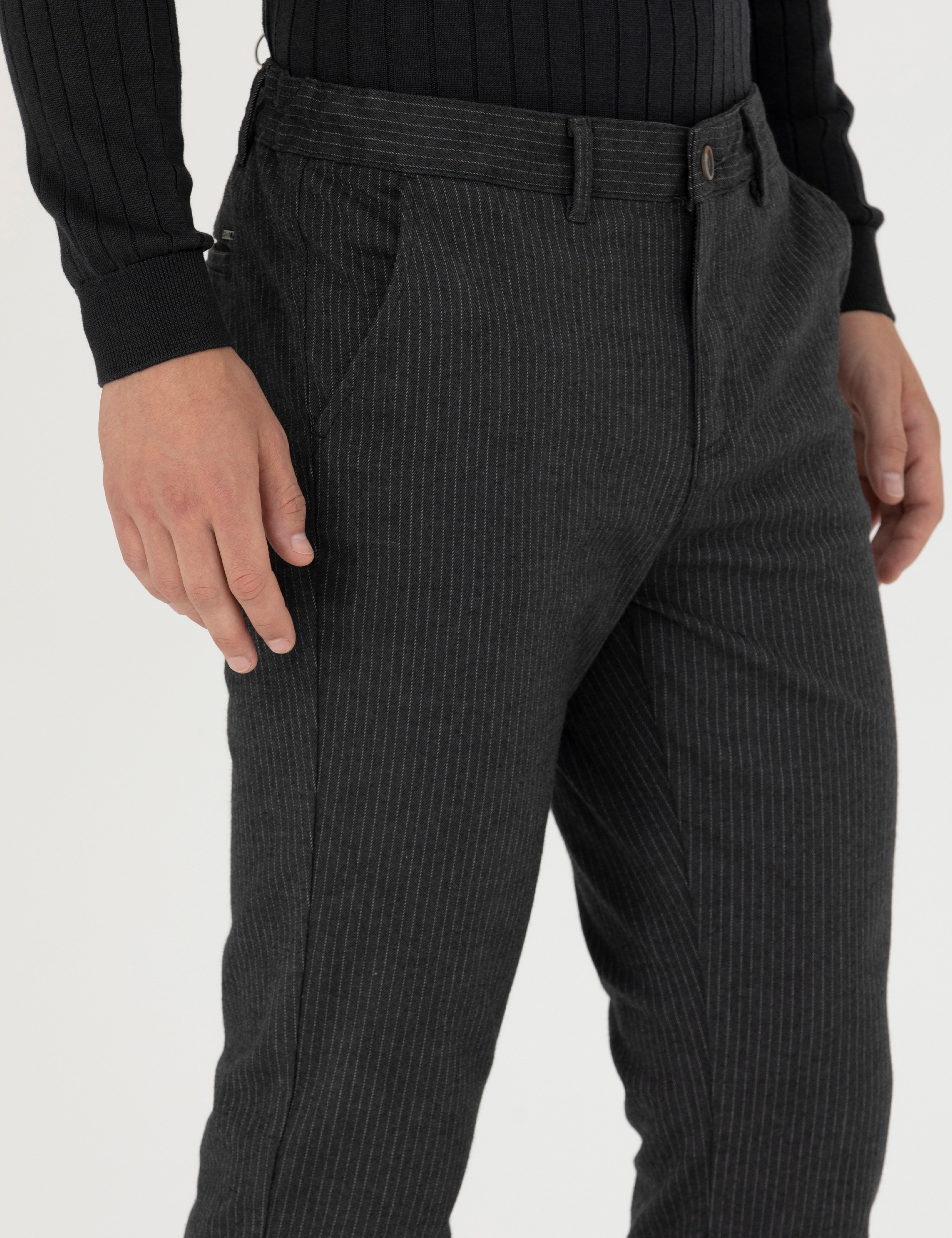Antrasit Slim Fit Çizgili Kanvas Pantolon - Image 5
