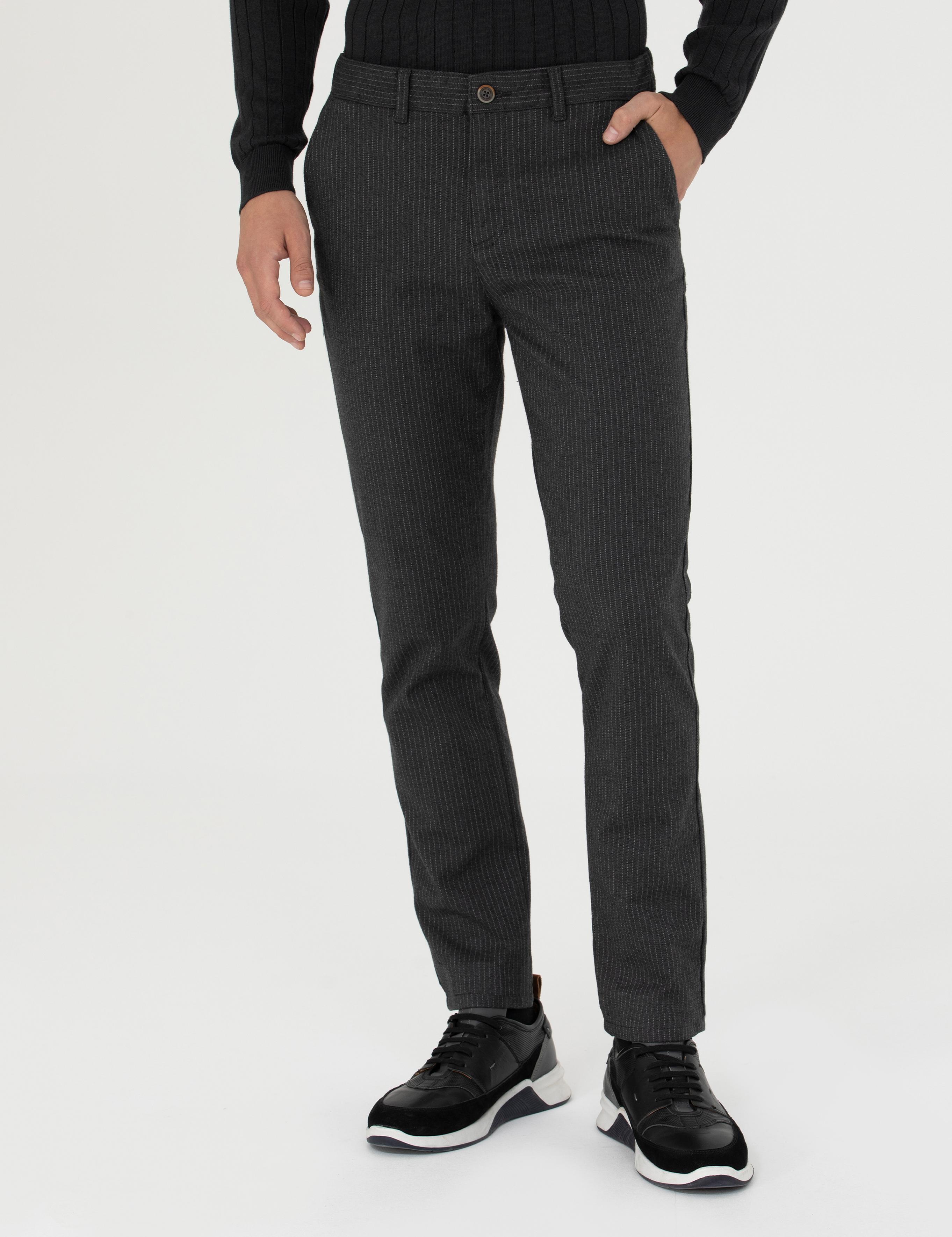 Antrasit Slim Fit Çizgili Kanvas Pantolon