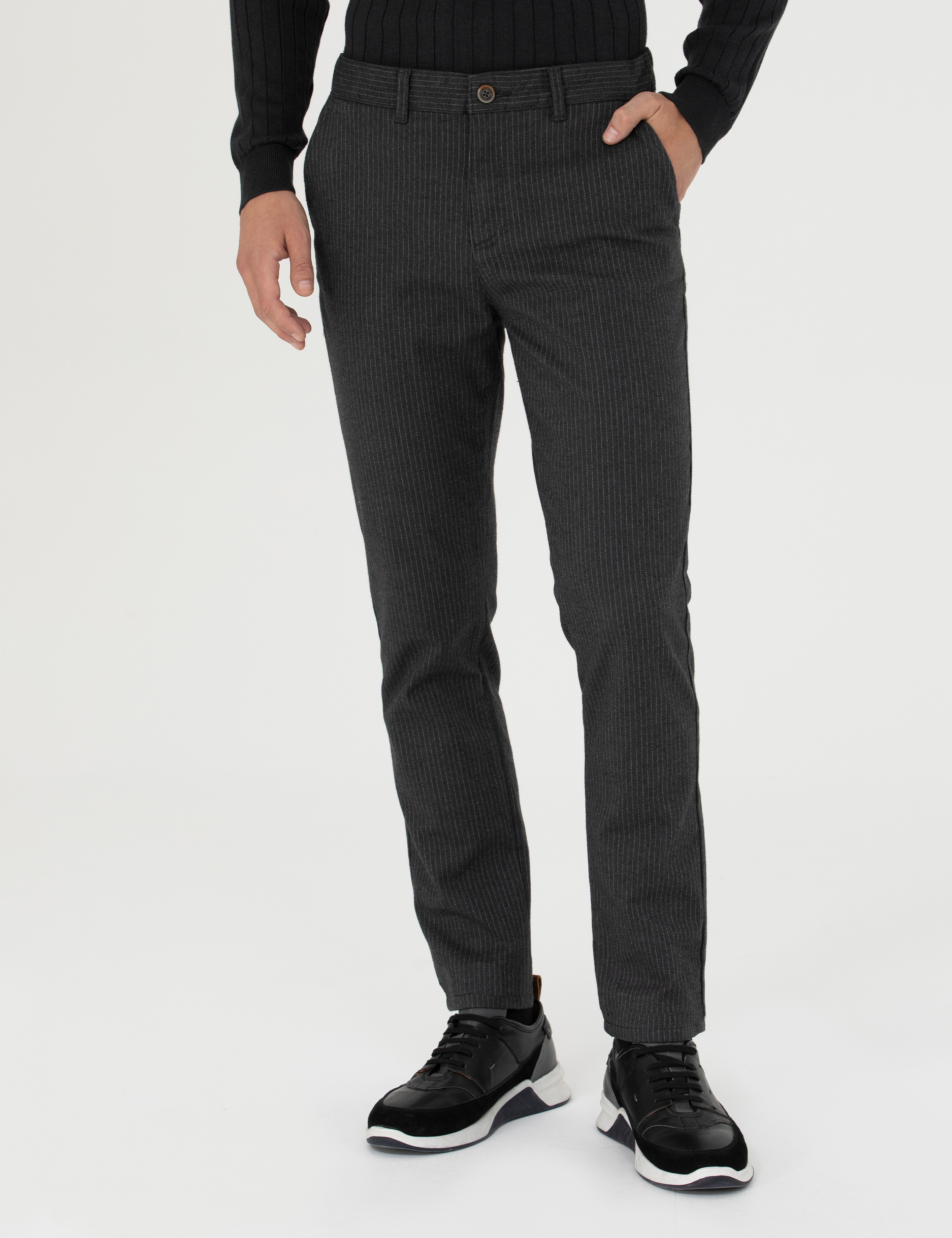 Antrasit Slim Fit Çizgili Kanvas Pantolon - Image 2