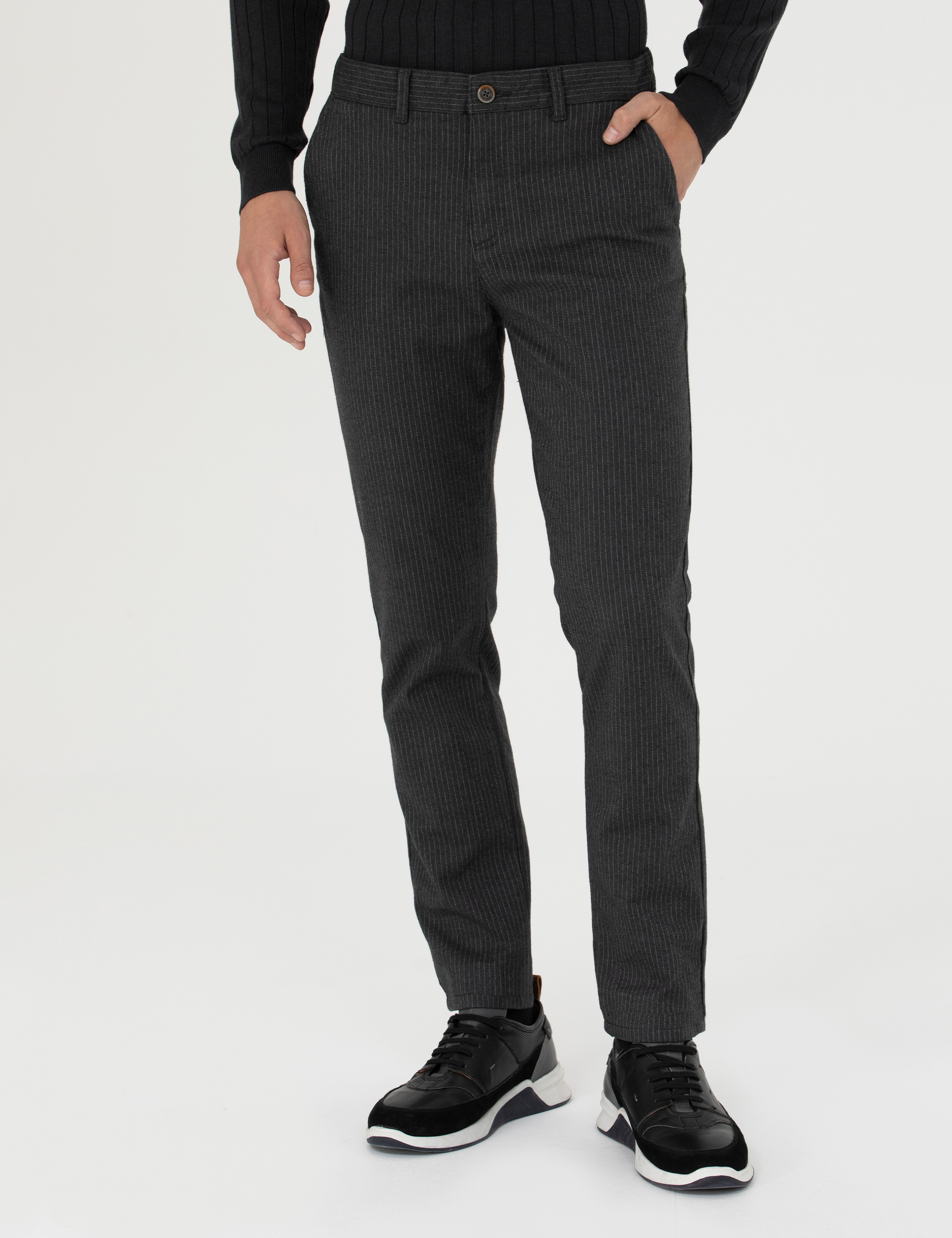 Antrasit Slim Fit Çizgili Kanvas Pantolon