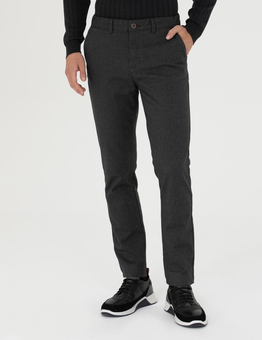 Antrasit Slim Fit Çizgili Kanvas Pantolon