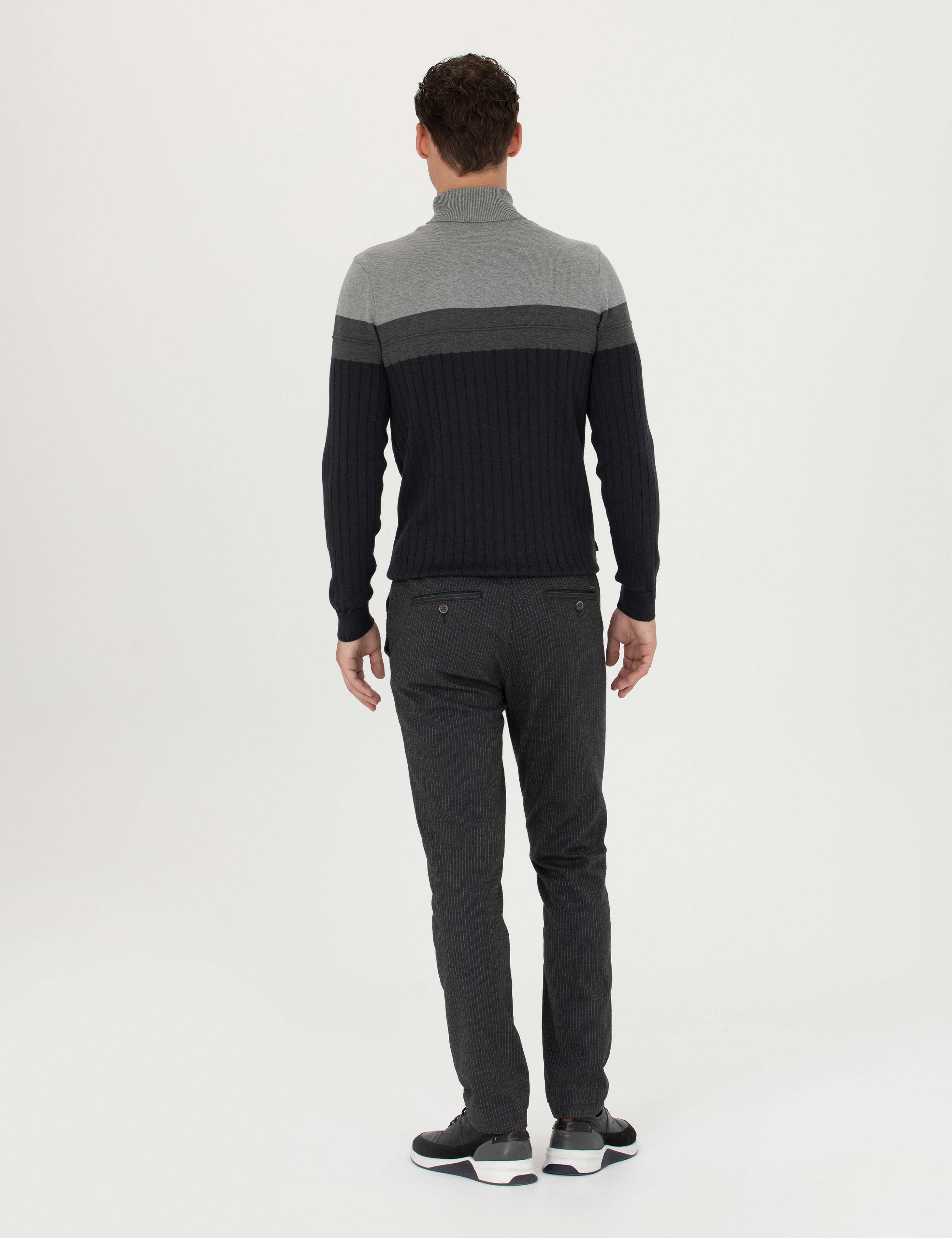 Antrasit Slim Fit Çizgili Kanvas Pantolon - Image 4