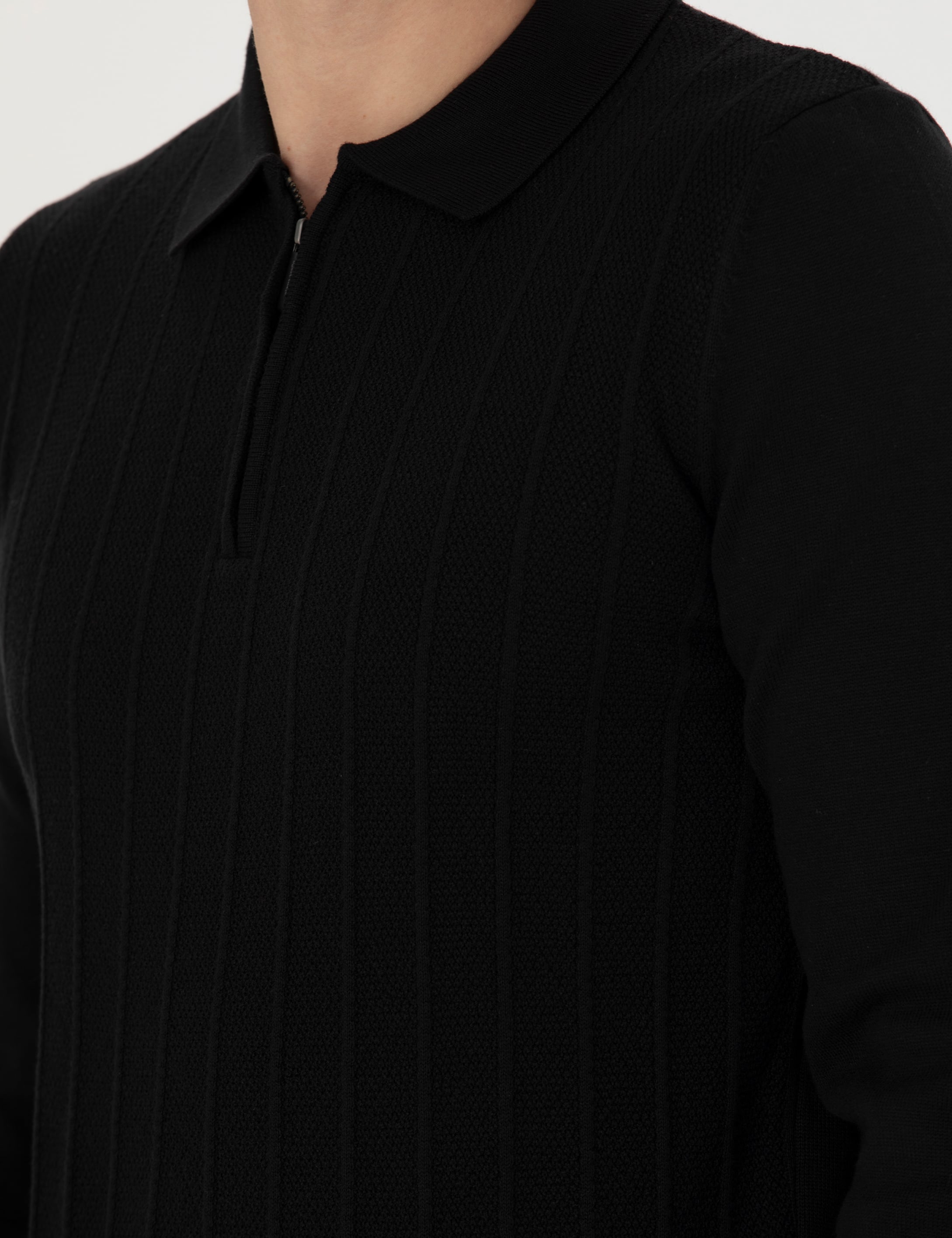 Siyah Slim Fit Fermuarlı Polo Yaka Triko Kazak